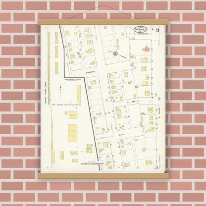 Old map wall art mockup — magnetic wood frame on brick wall — Sanborn Fire Insurance Map from San Angelo, Tom Green County, Texas (1913), Sheet #0009