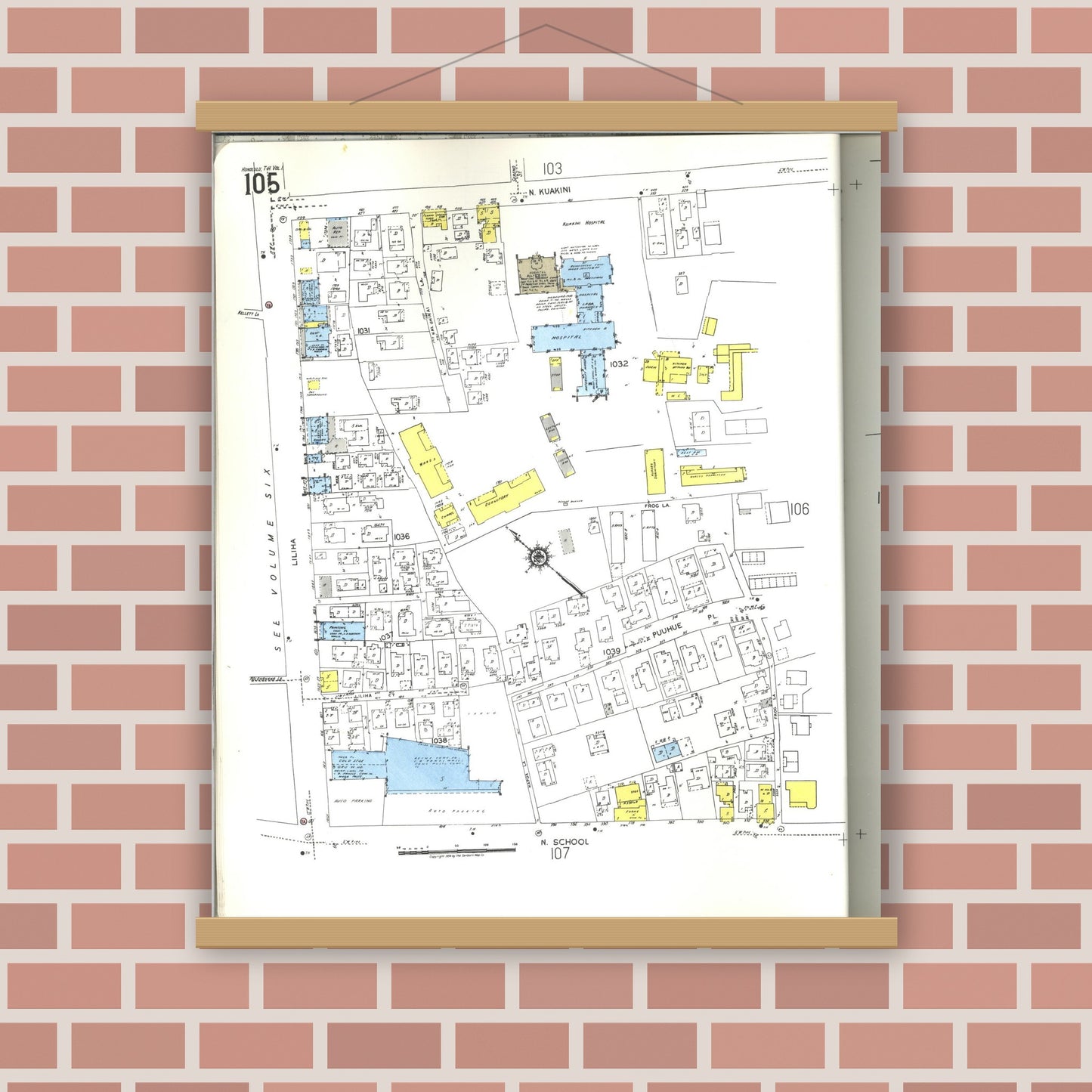 Old map wall art mockup — magnetic wood frame on brick wall — Sanborn Fire Insurance Map from Honolulu, Oahu County, Hawaii (1955), Sheet #0105