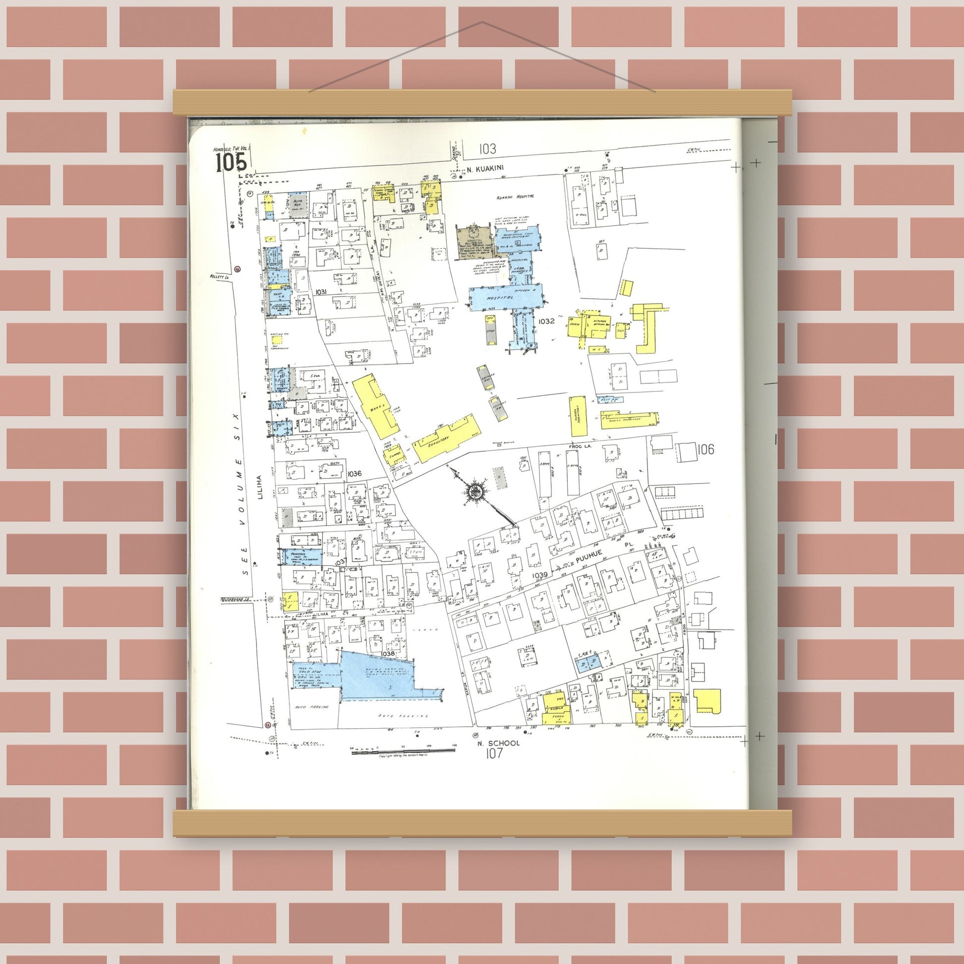 Old map wall art mockup — magnetic wood frame on brick wall — Sanborn Fire Insurance Map from Honolulu, Oahu County, Hawaii (1955), Sheet #0105