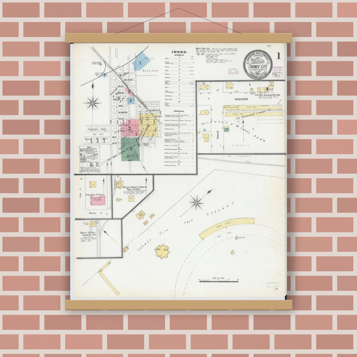 Old map wall art mockup — magnetic wood frame on brick wall — Sanborn Fire Insurance Map from Farmer City, De Witt County, Illinois (1906) - Complete Map Set