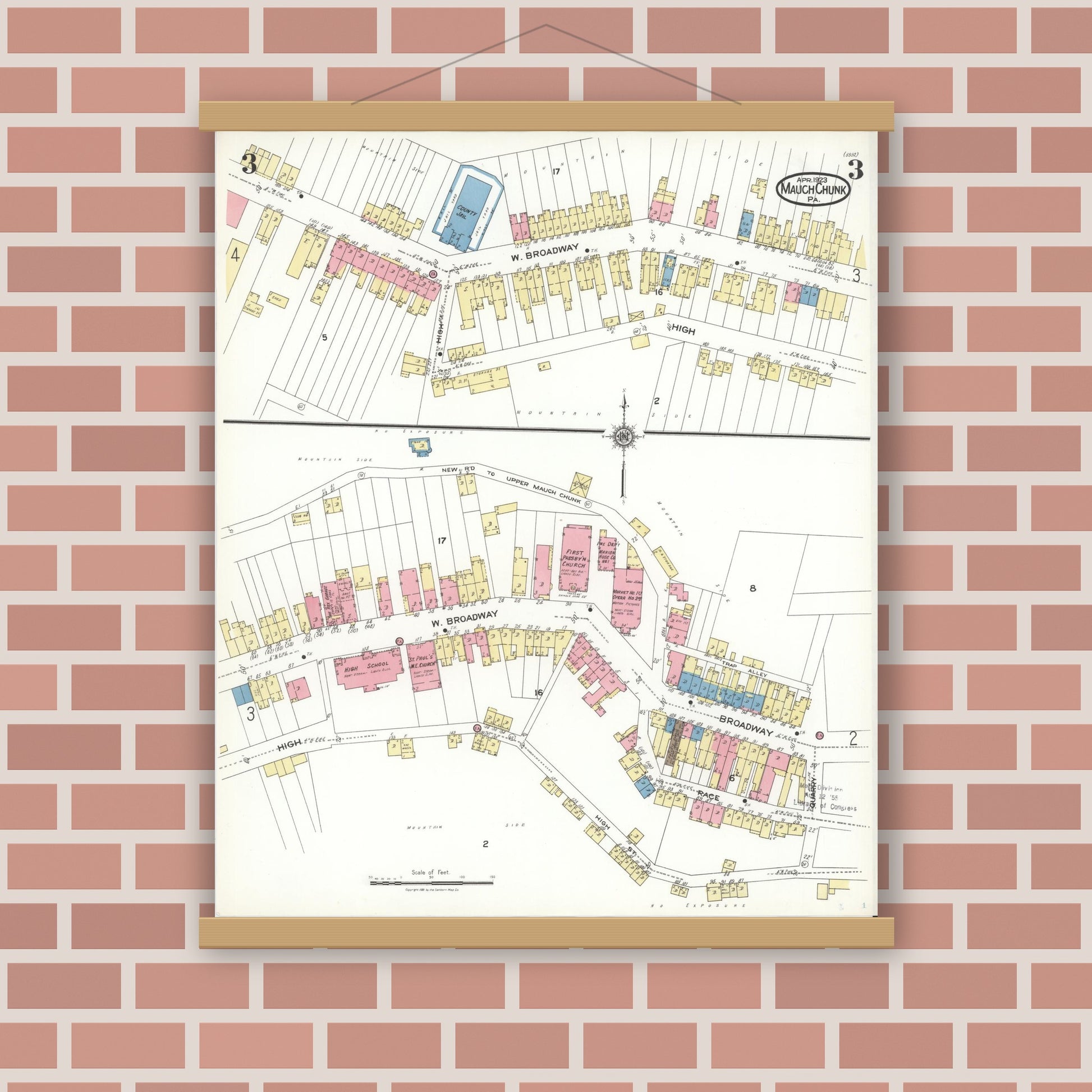 Old map wall art mockup — magnetic wood frame on brick wall — Sanborn Fire Insurance Map from Mauch Chunk, Carbon County, Pennsylvania (1923), Sheet #0003