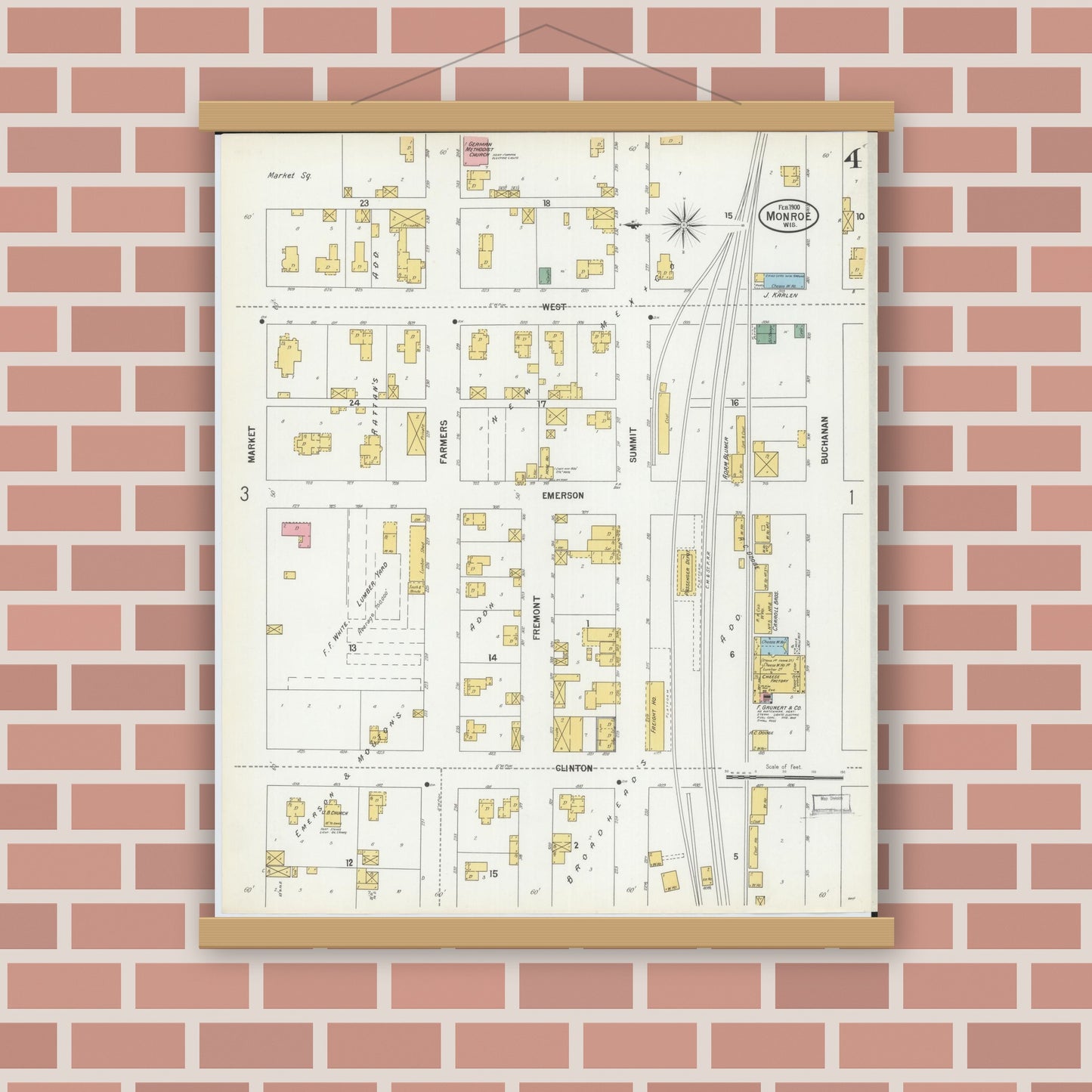 Old map wall art mockup — magnetic wood frame on brick wall — Sanborn Fire Insurance Map from Monroe, Green County, Wisconsin (1900), Sheet #0004