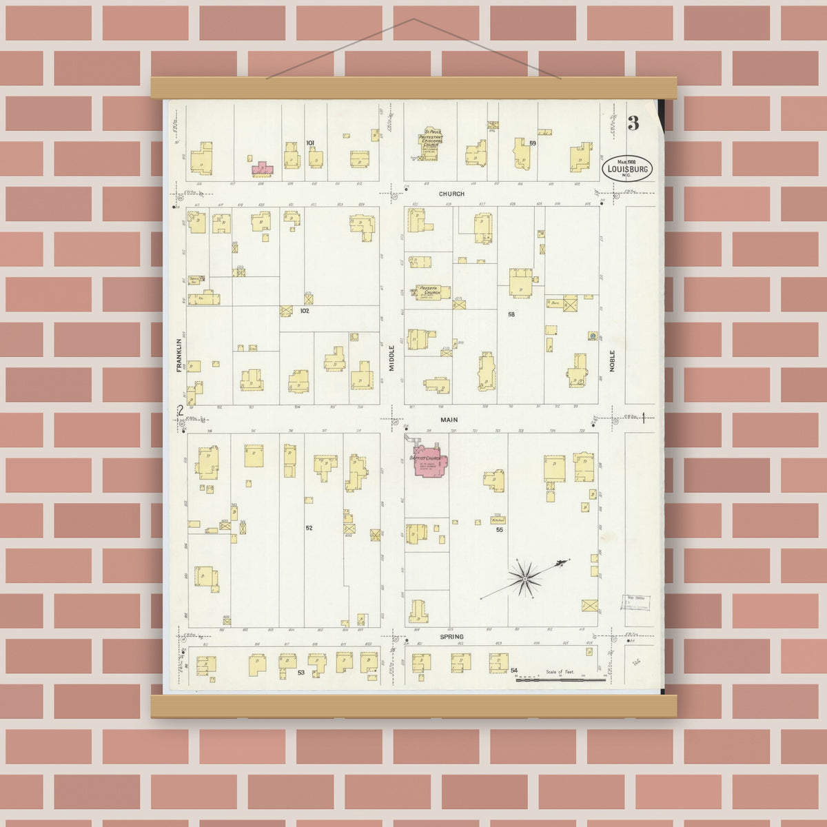 Old map wall art mockup — magnetic wood frame on brick wall — Sanborn Fire Insurance Map from Louisburg, Franklin County, North Carolina (1908), Sheet #0003