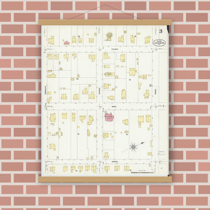 Old map wall art mockup — magnetic wood frame on brick wall — Sanborn Fire Insurance Map from Louisburg, Franklin County, North Carolina (1908), Sheet #0003