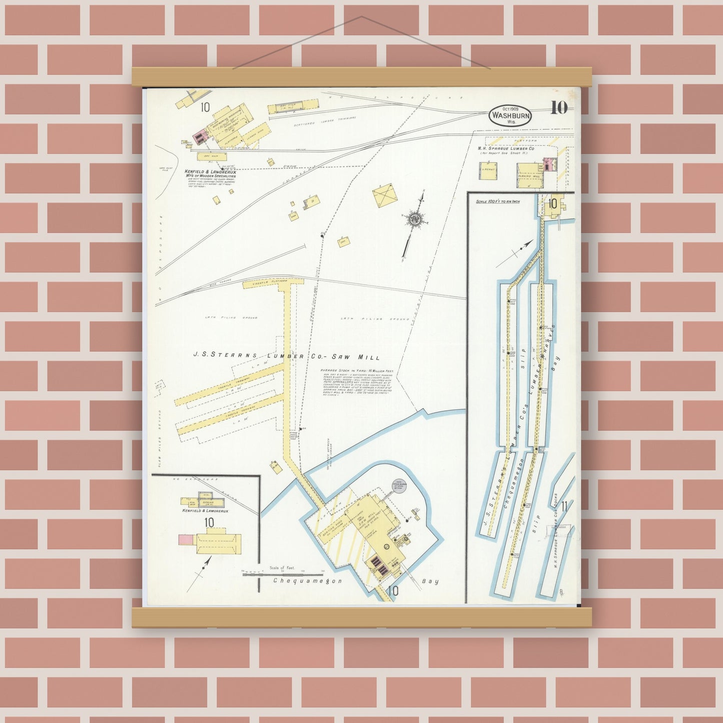 Old map wall art mockup — magnetic wood frame on brick wall — Sanborn Fire Insurance Map from Washburn, Bayfield County, Wisconsin (1909), Sheet #0010