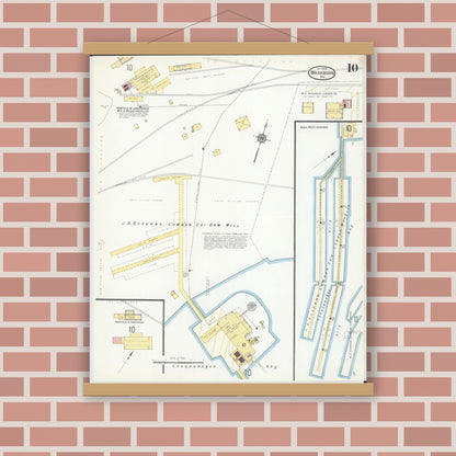 Old map wall art mockup — magnetic wood frame on brick wall — Sanborn Fire Insurance Map from Washburn, Bayfield County, Wisconsin (1909), Sheet #0010