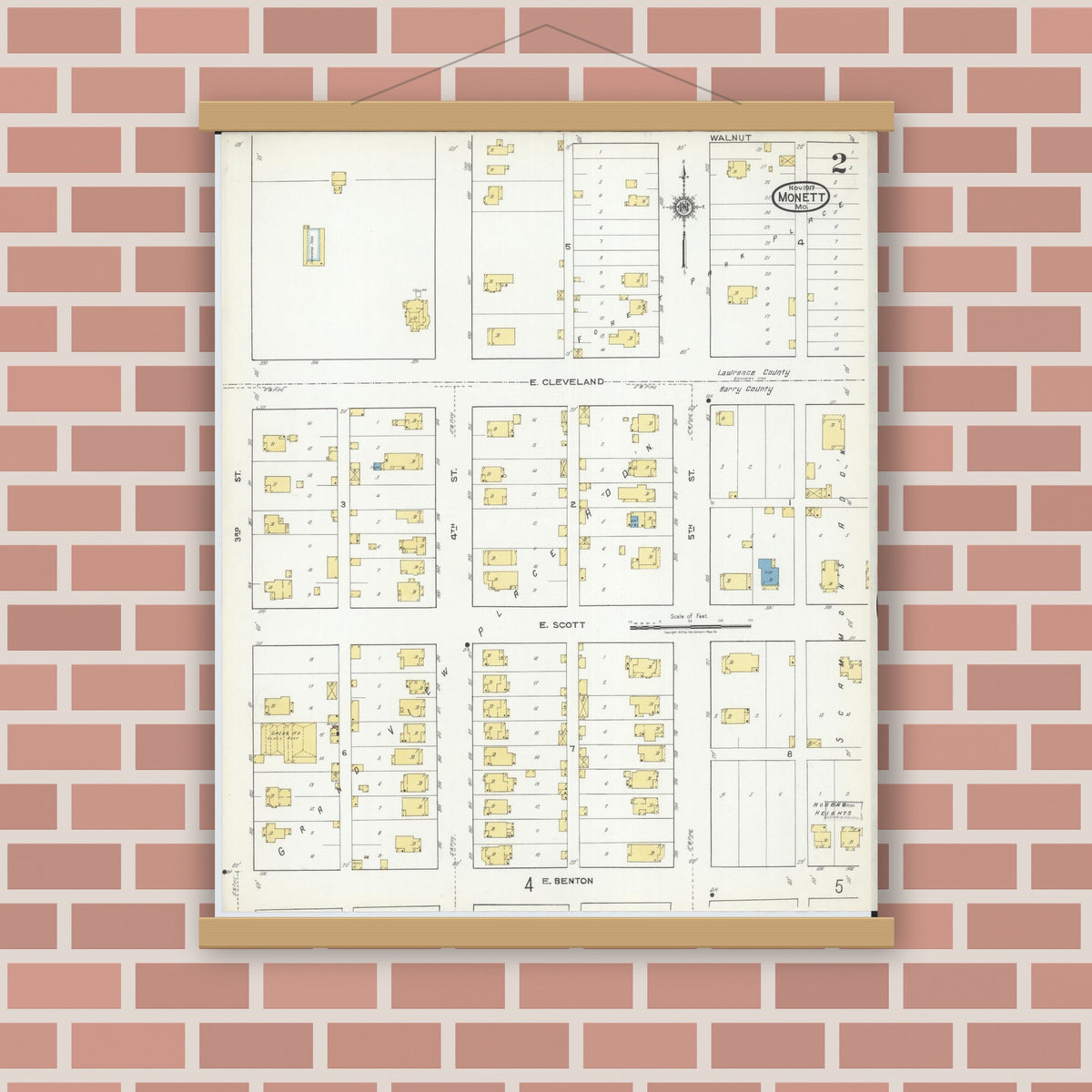 Old map wall art mockup — magnetic wood frame on brick wall — Sanborn Fire Insurance Map from Monett, Barry County, Missouri (1917), Sheet #0002
