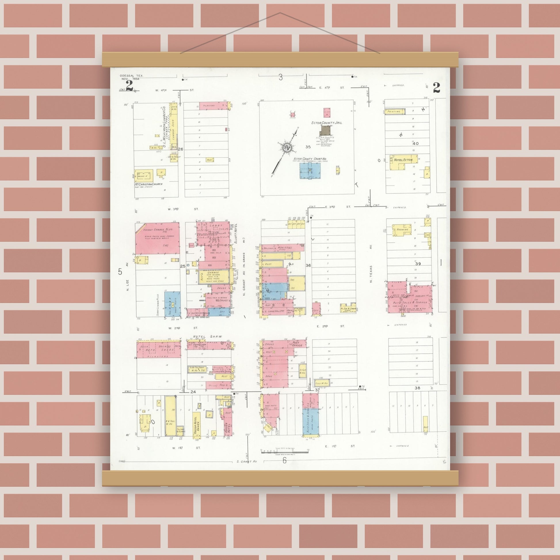 Old map wall art mockup — magnetic wood frame on brick wall — Sanborn Fire Insurance Map from Odessa, Edger County, Texas (1934), Sheet #0002