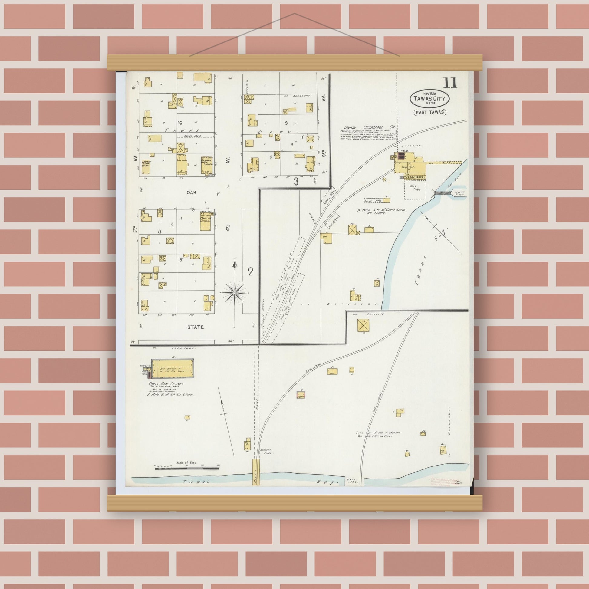 Old map wall art mockup — magnetic wood frame on brick wall — Sanborn Fire Insurance Map from Tawas City, Iosco County, Michigan (1898), Sheet #0011
