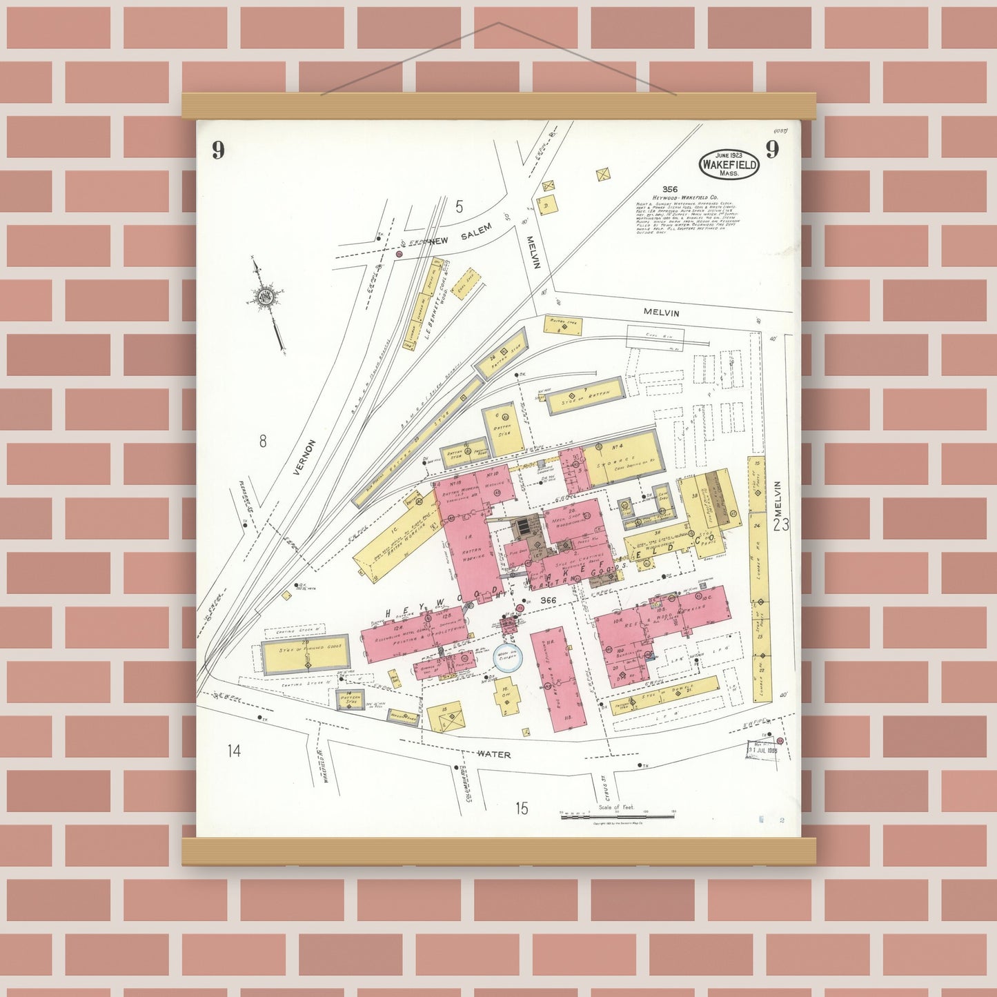 Old map wall art mockup — magnetic wood frame on brick wall — Sanborn Fire Insurance Map from Wakefield, Middlesex County, Massachusetts (1923), Sheet #0009