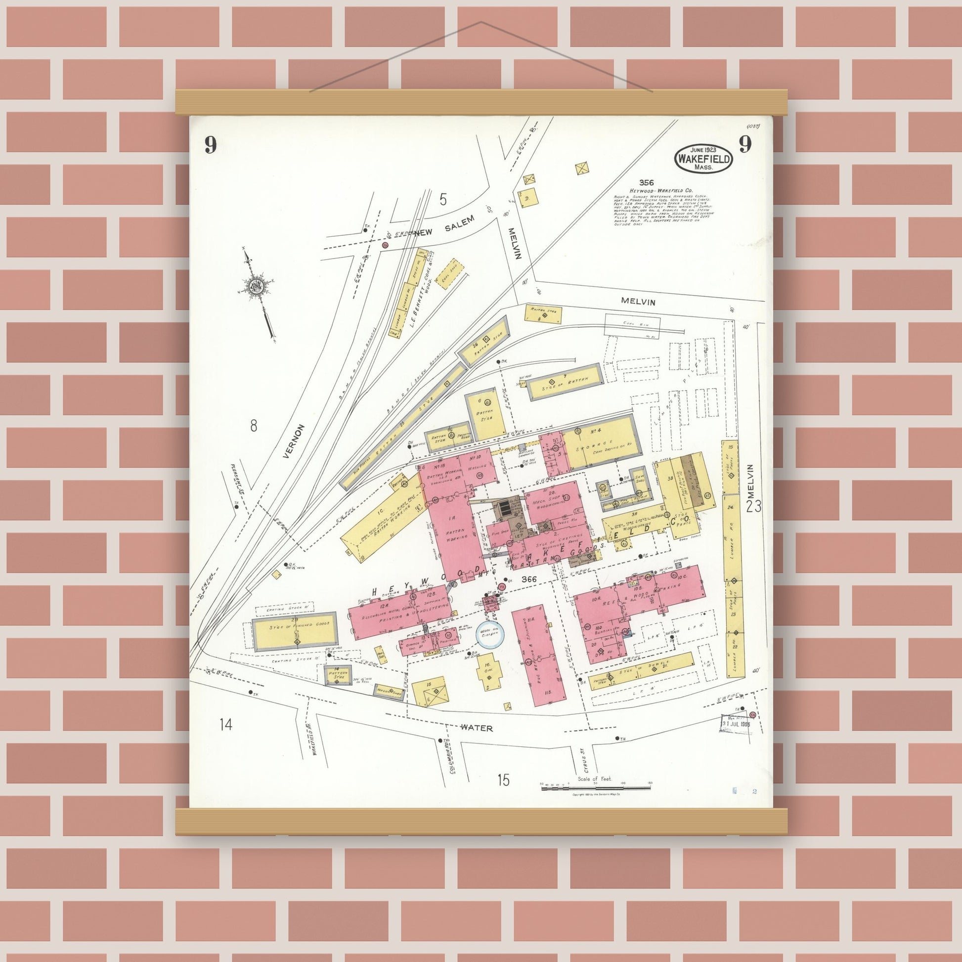 Old map wall art mockup — magnetic wood frame on brick wall — Sanborn Fire Insurance Map from Wakefield, Middlesex County, Massachusetts (1923), Sheet #0009