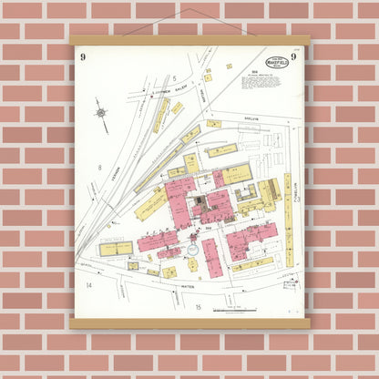 Old map wall art mockup — magnetic wood frame on brick wall — Sanborn Fire Insurance Map from Wakefield, Middlesex County, Massachusetts (1923), Sheet #0009