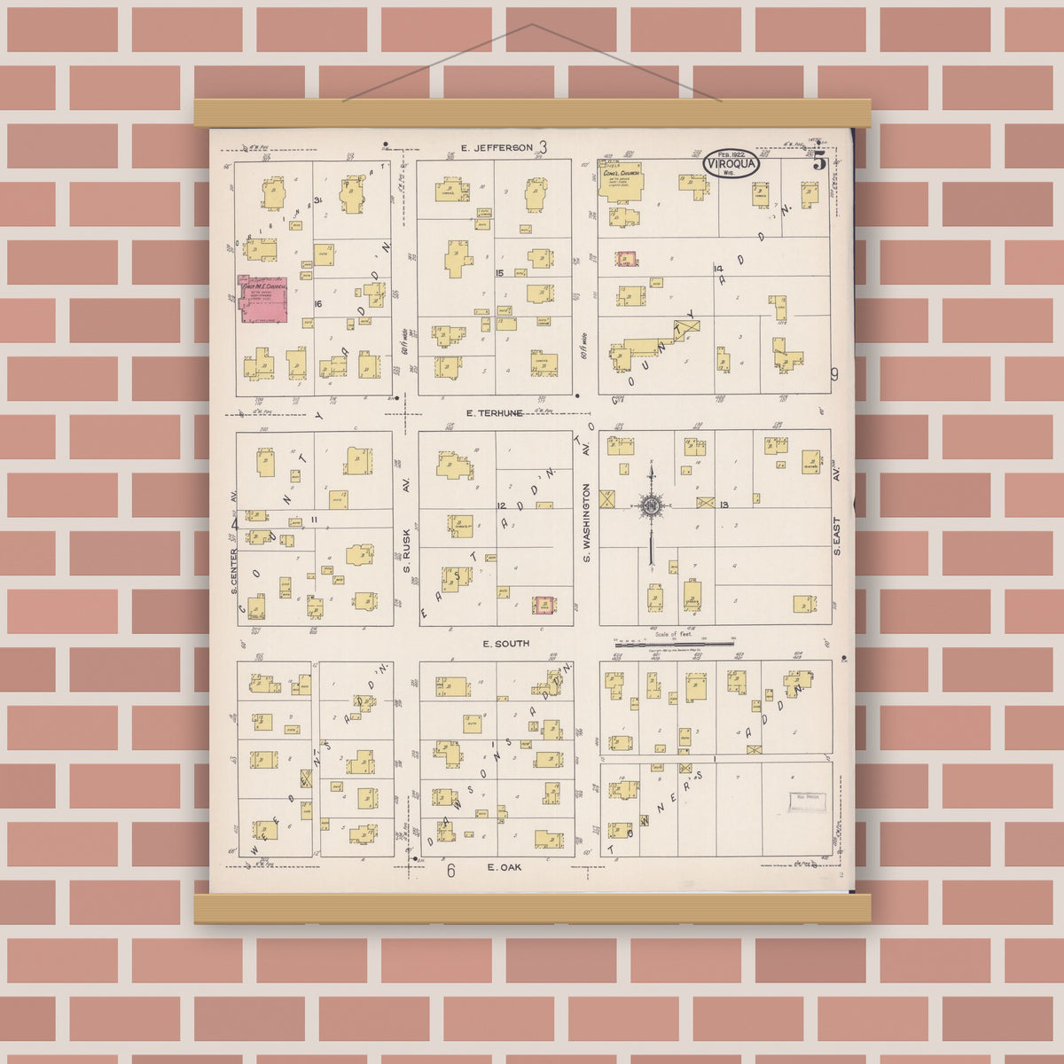 Old map wall art mockup — magnetic wood frame on brick wall — Sanborn Fire Insurance Map from Viroqua, Vernon County, Wisconsin (1922), Sheet #0005