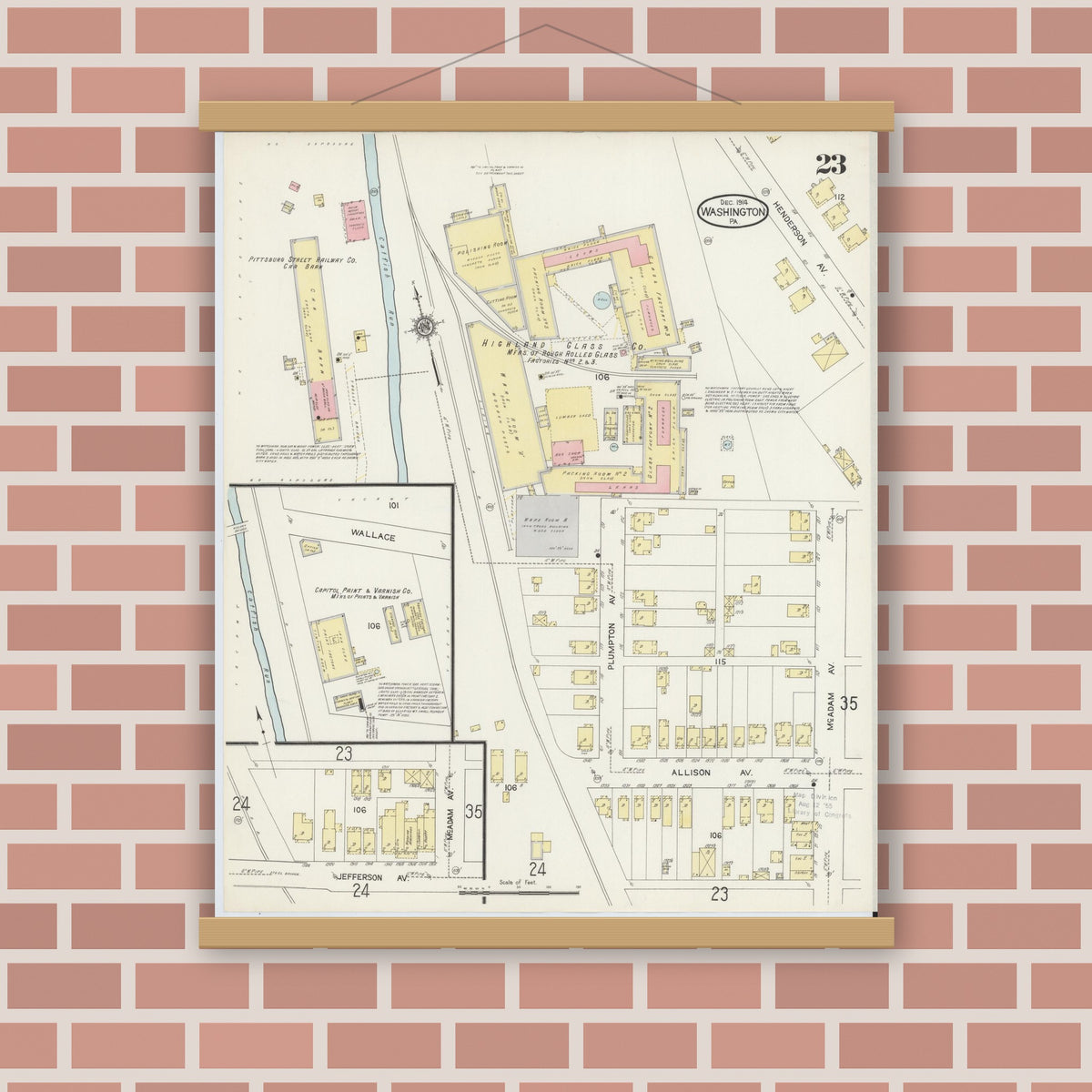 Old map wall art mockup — magnetic wood frame on brick wall — Sanborn Fire Insurance Map from Washington, Washington County, Pennsylvania (1914), Sheet #0023
