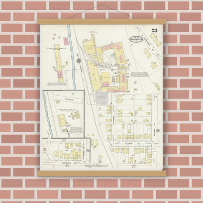 Old map wall art mockup — magnetic wood frame on brick wall — Sanborn Fire Insurance Map from Washington, Washington County, Pennsylvania (1914), Sheet #0023