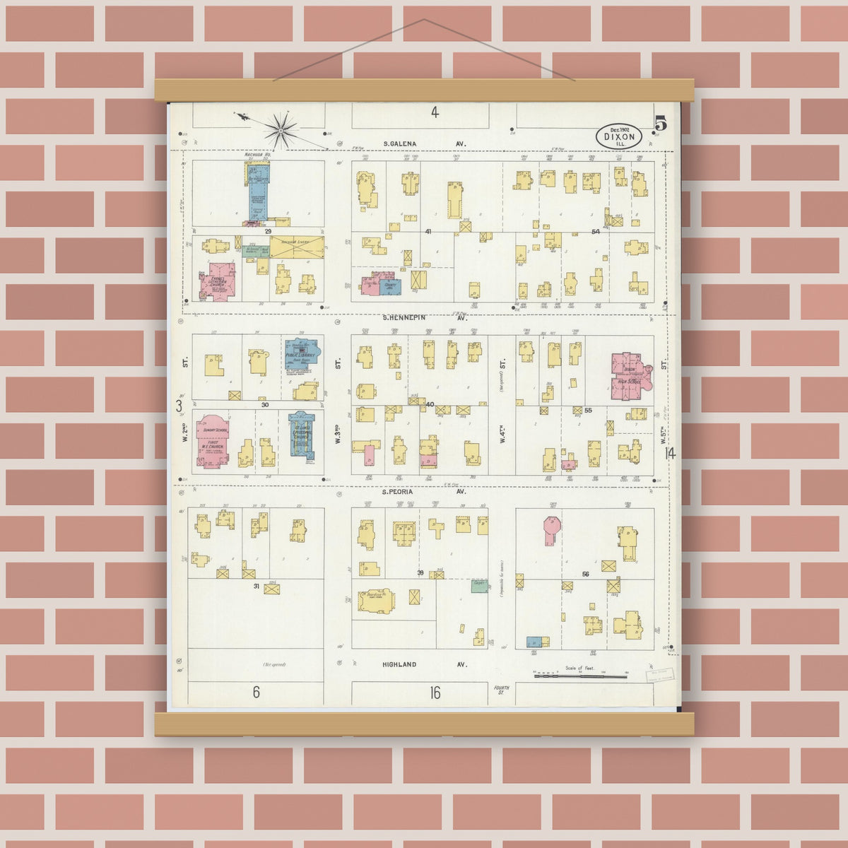 Old map wall art mockup — magnetic wood frame on brick wall — Sanborn Fire Insurance Map from Dixon, Lee County, Illinois (1902), Sheet #0005