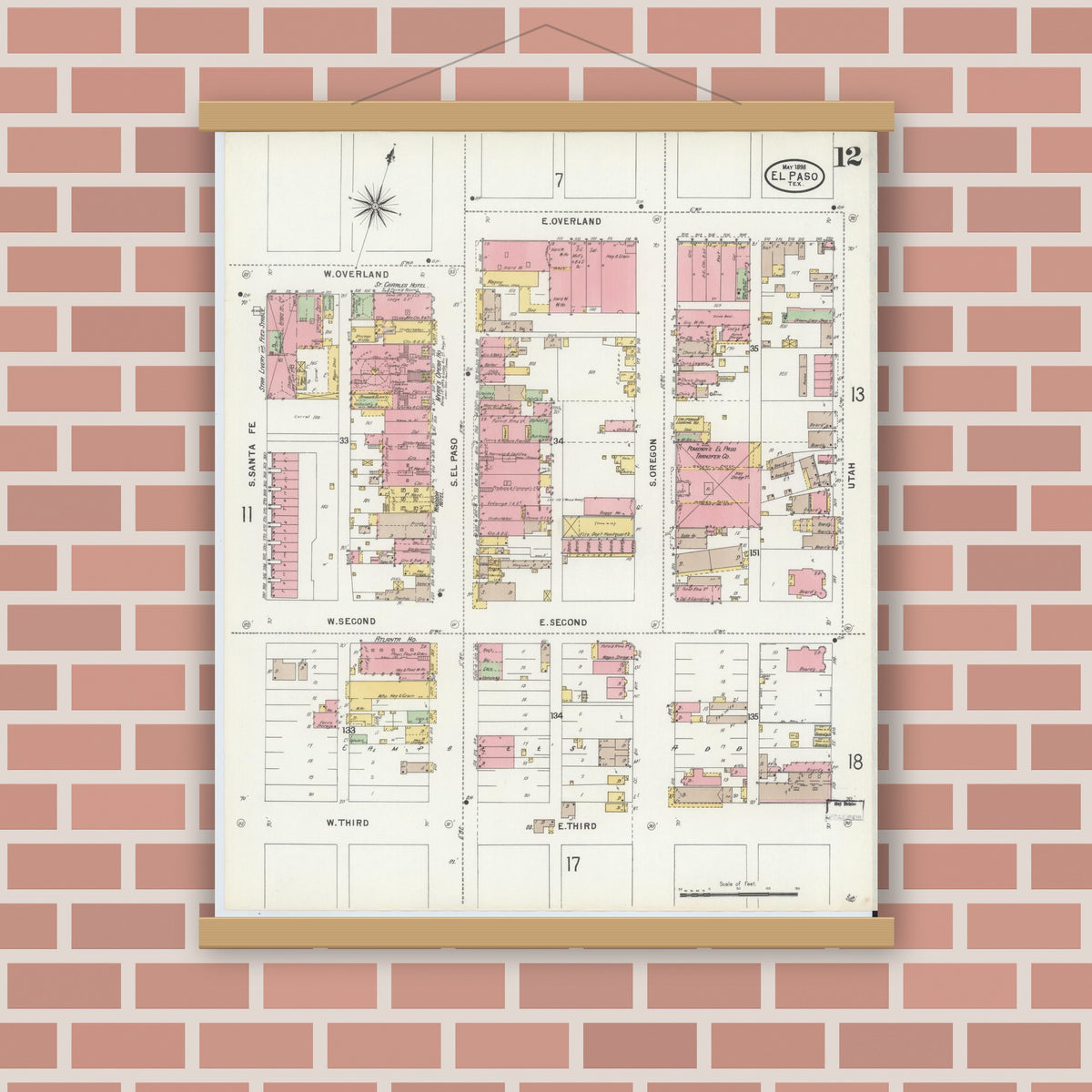 Old map wall art mockup — magnetic wood frame on brick wall — Sanborn Fire Insurance Map from El Paso, El Paso County, Texas (1898), Sheet #0012