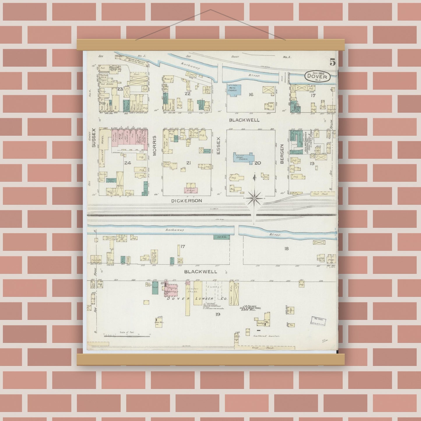 Old map wall art mockup — magnetic wood frame on brick wall — Sanborn Fire Insurance Map from Dover, Morris County, New Jersey (1886), Sheet #0005