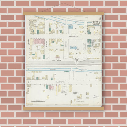 Old map wall art mockup — magnetic wood frame on brick wall — Sanborn Fire Insurance Map from Dover, Morris County, New Jersey (1886), Sheet #0005