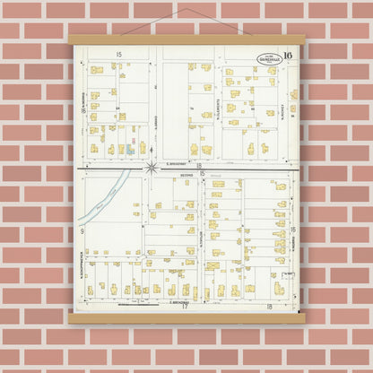Old map wall art mockup — magnetic wood frame on brick wall — Sanborn Fire Insurance Map from Gainesville, Cooke County, Texas (1902), Sheet #0016
