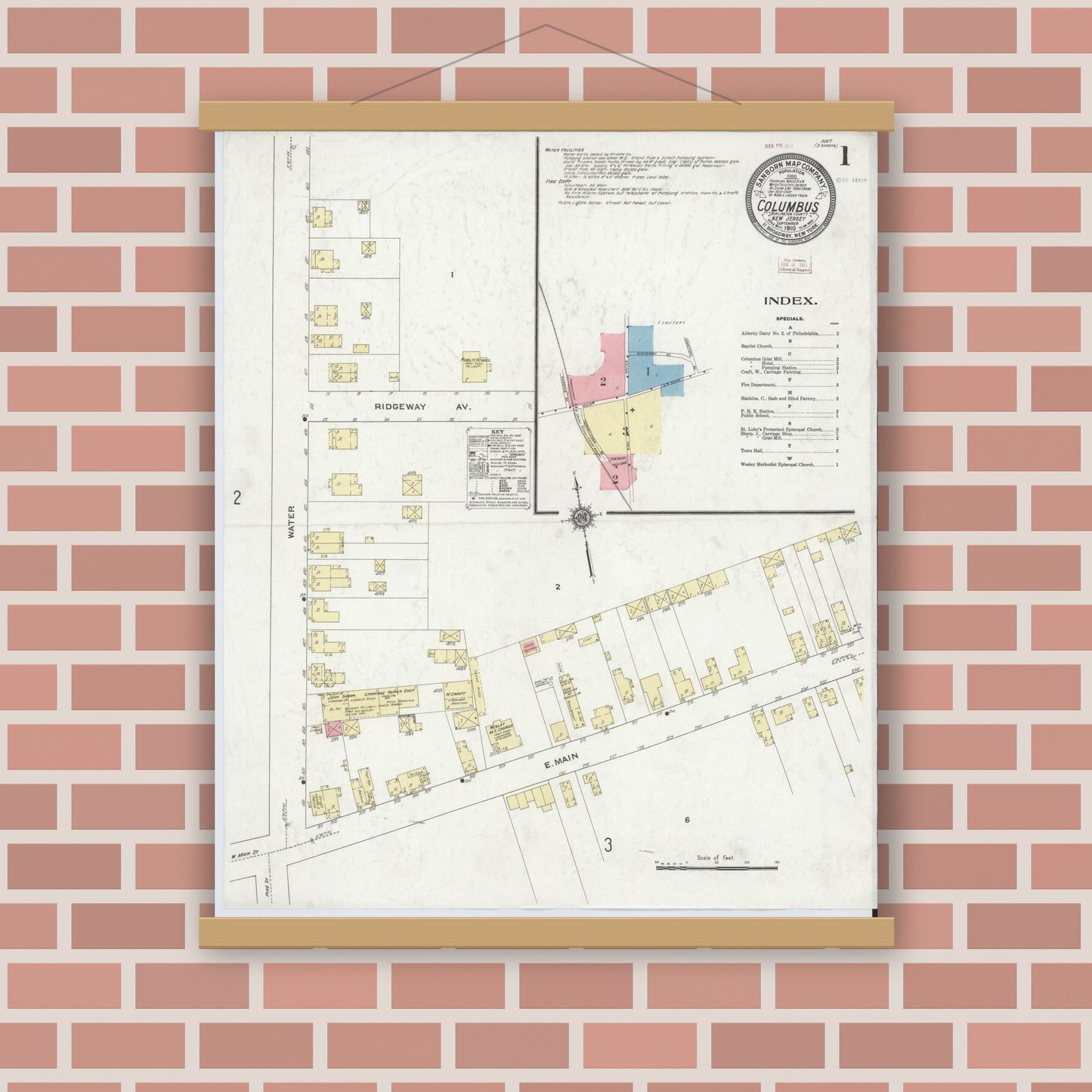 Old map wall art mockup — magnetic wood frame on brick wall — Sanborn Fire Insurance Map from Columbus, Burlington County, New Jersey (1910) - Complete Map Set