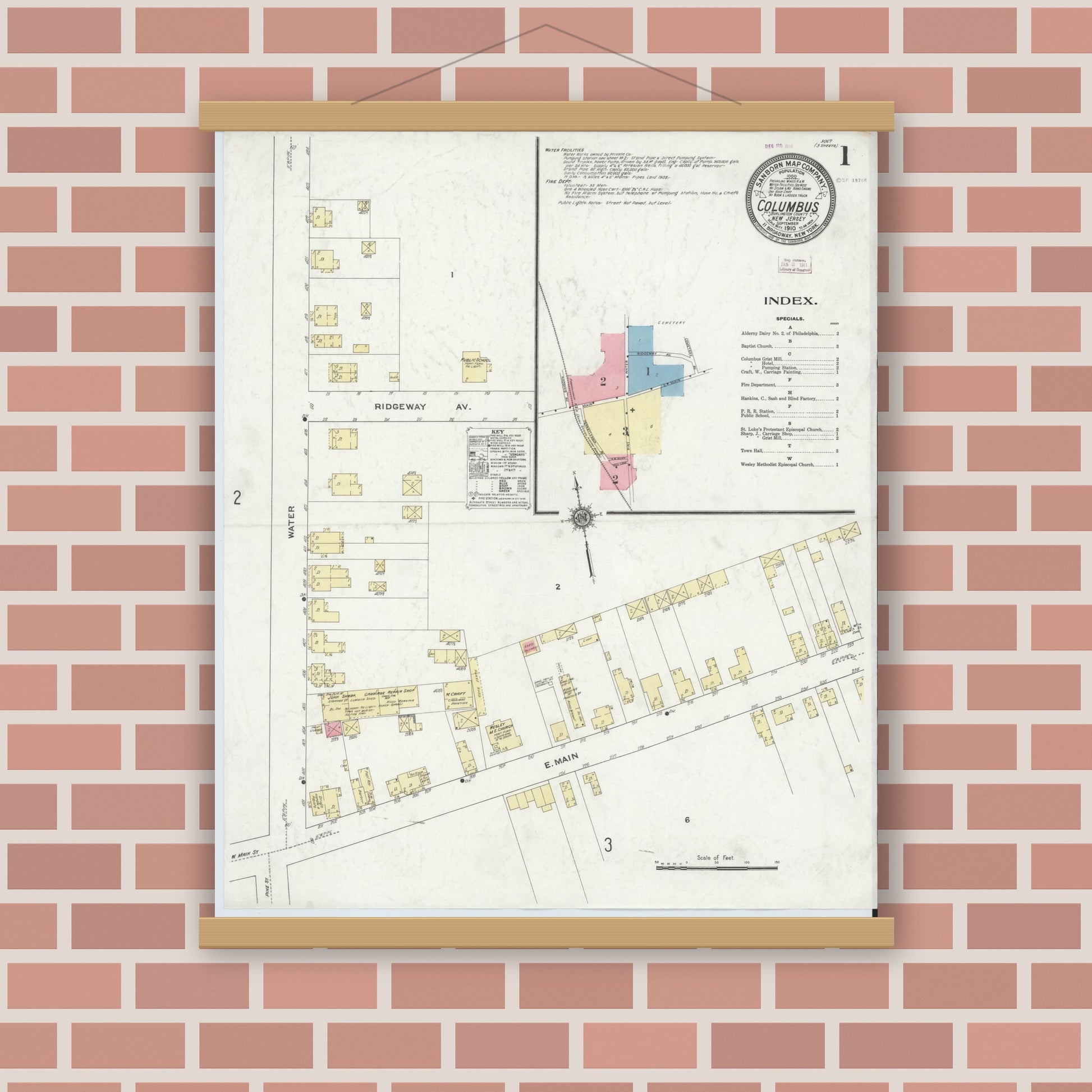 Old map wall art mockup — magnetic wood frame on brick wall — Sanborn Fire Insurance Map from Columbus, Burlington County, New Jersey (1910) - Complete Map Set