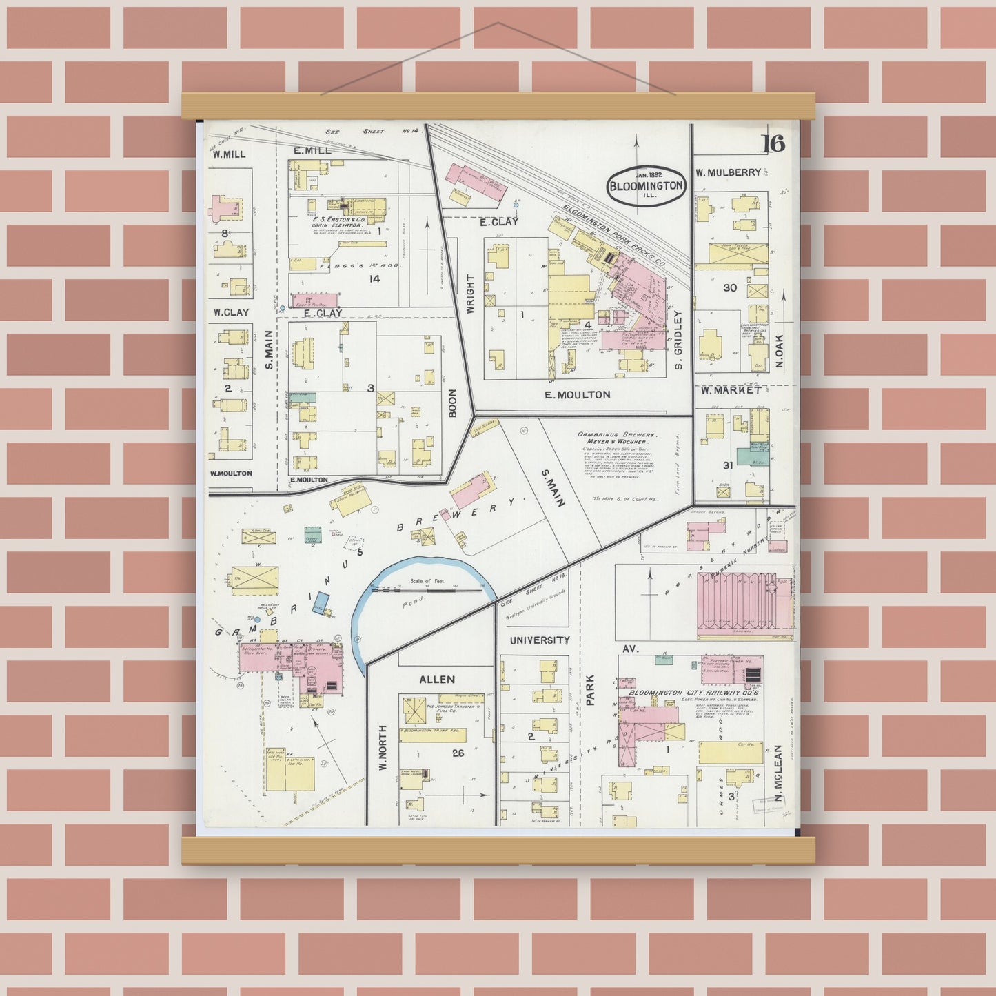 Old map wall art mockup — magnetic wood frame on brick wall — Sanborn Fire Insurance Map from Bloomington, McLean County, Illinois (1892), Sheet #0016