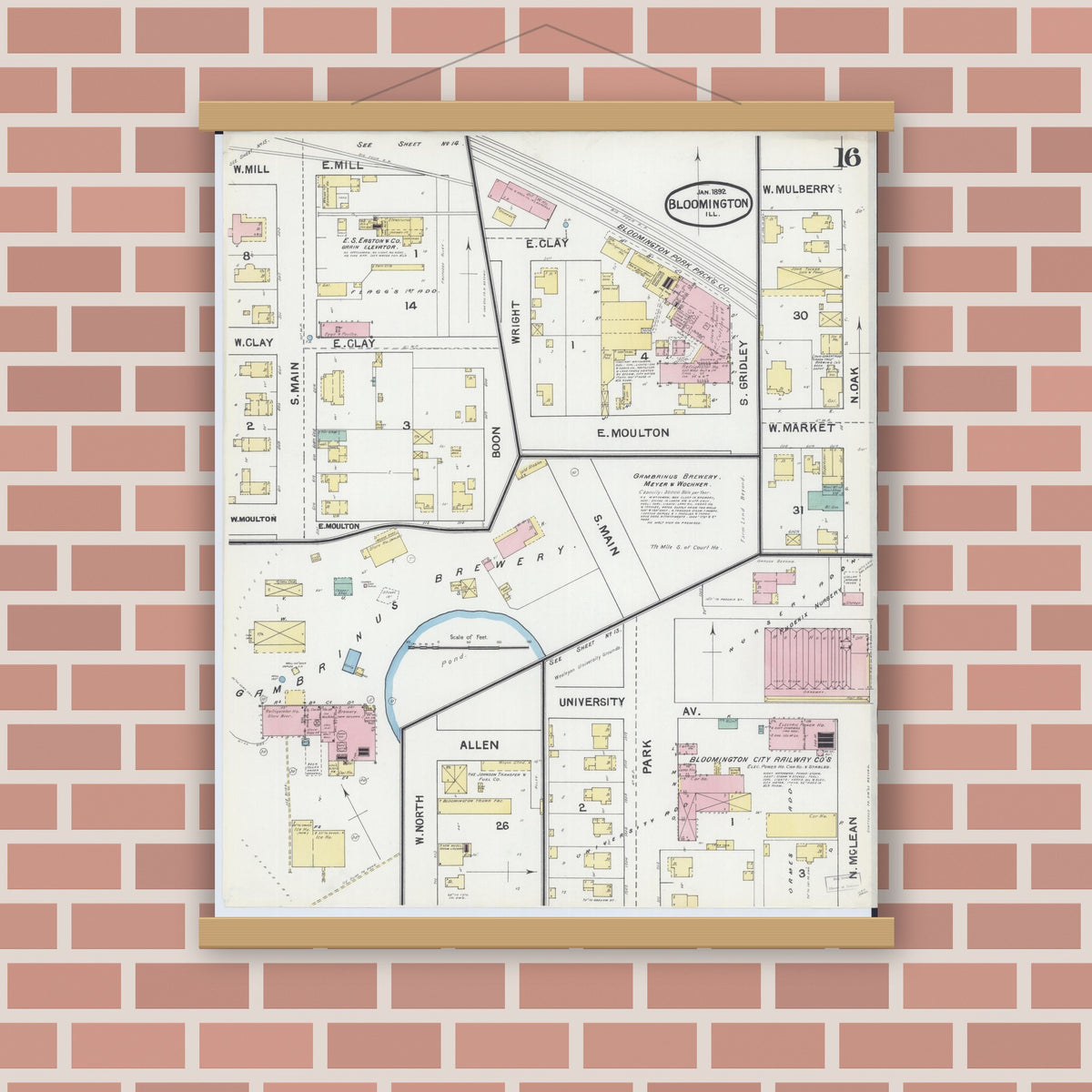 Old map wall art mockup — magnetic wood frame on brick wall — Sanborn Fire Insurance Map from Bloomington, McLean County, Illinois (1892), Sheet #0016