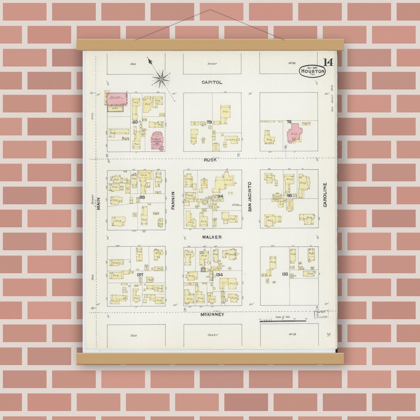 Old map wall art mockup — magnetic wood frame on brick wall — Sanborn Fire Insurance Map from Houston, Harris County, Texas (1890), Sheet #0014