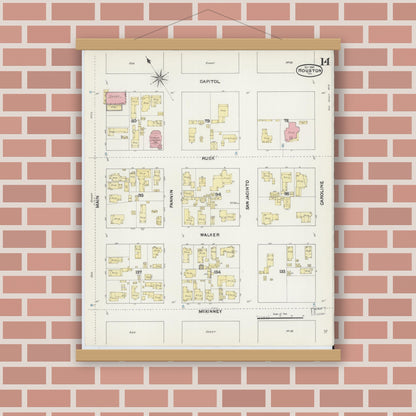 Old map wall art mockup — magnetic wood frame on brick wall — Sanborn Fire Insurance Map from Houston, Harris County, Texas (1890), Sheet #0014