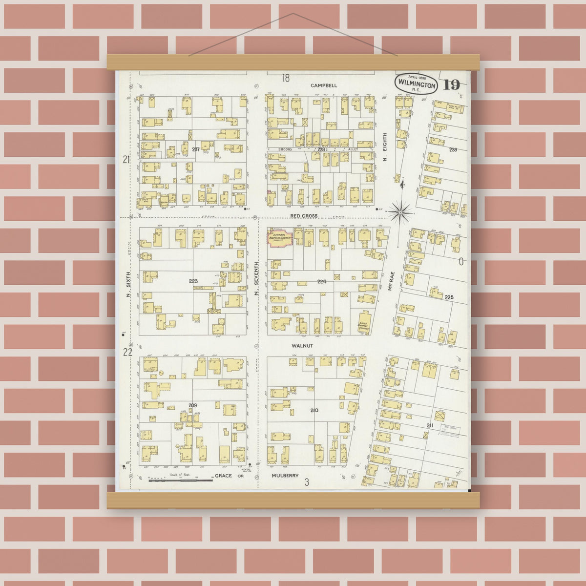 Old map wall art mockup — magnetic wood frame on brick wall — Sanborn Fire Insurance Map from Wilmington, New Hanover County, North Carolina (1898), Sheet #0019