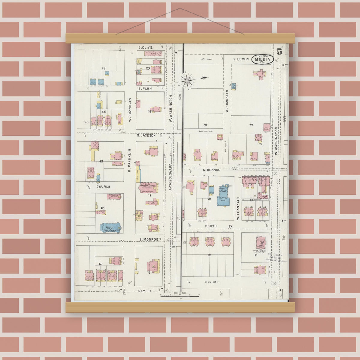 Old map wall art mockup — magnetic wood frame on brick wall — Sanborn Fire Insurance Map from Media, Delaware County, Pennsylvania (1894), Sheet #0005