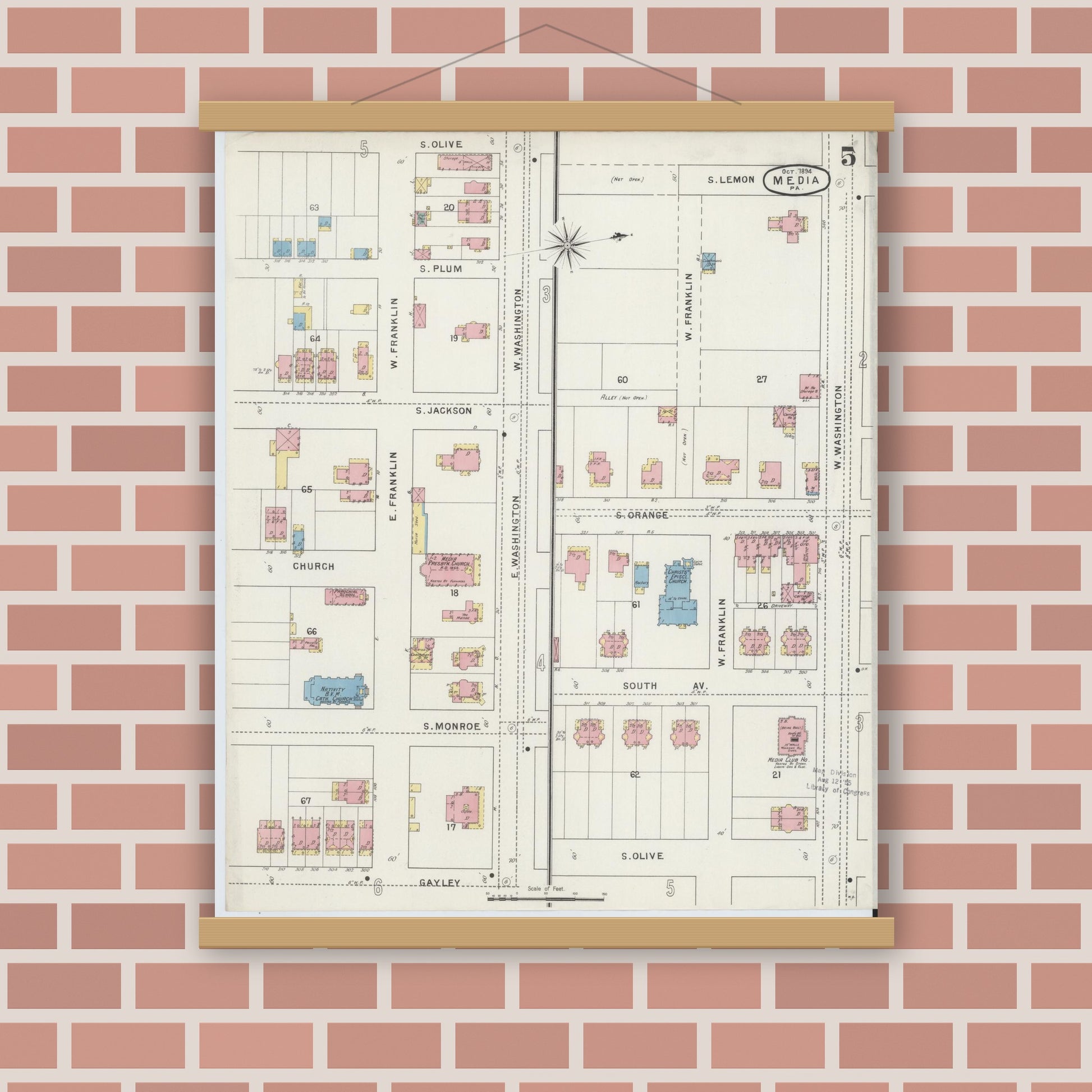 Old map wall art mockup — magnetic wood frame on brick wall — Sanborn Fire Insurance Map from Media, Delaware County, Pennsylvania (1894), Sheet #0005