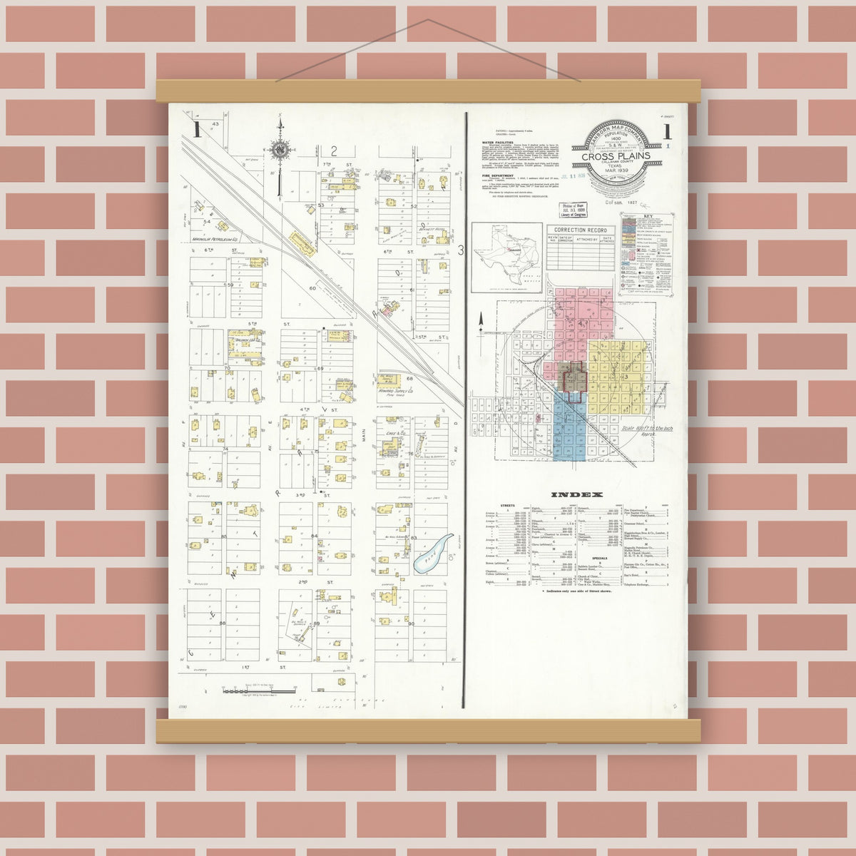 Old map wall art mockup — magnetic wood frame on brick wall — Sanborn Fire Insurance Map from Cross Plains, Callahan County, Texas (1939) - Complete Map Set