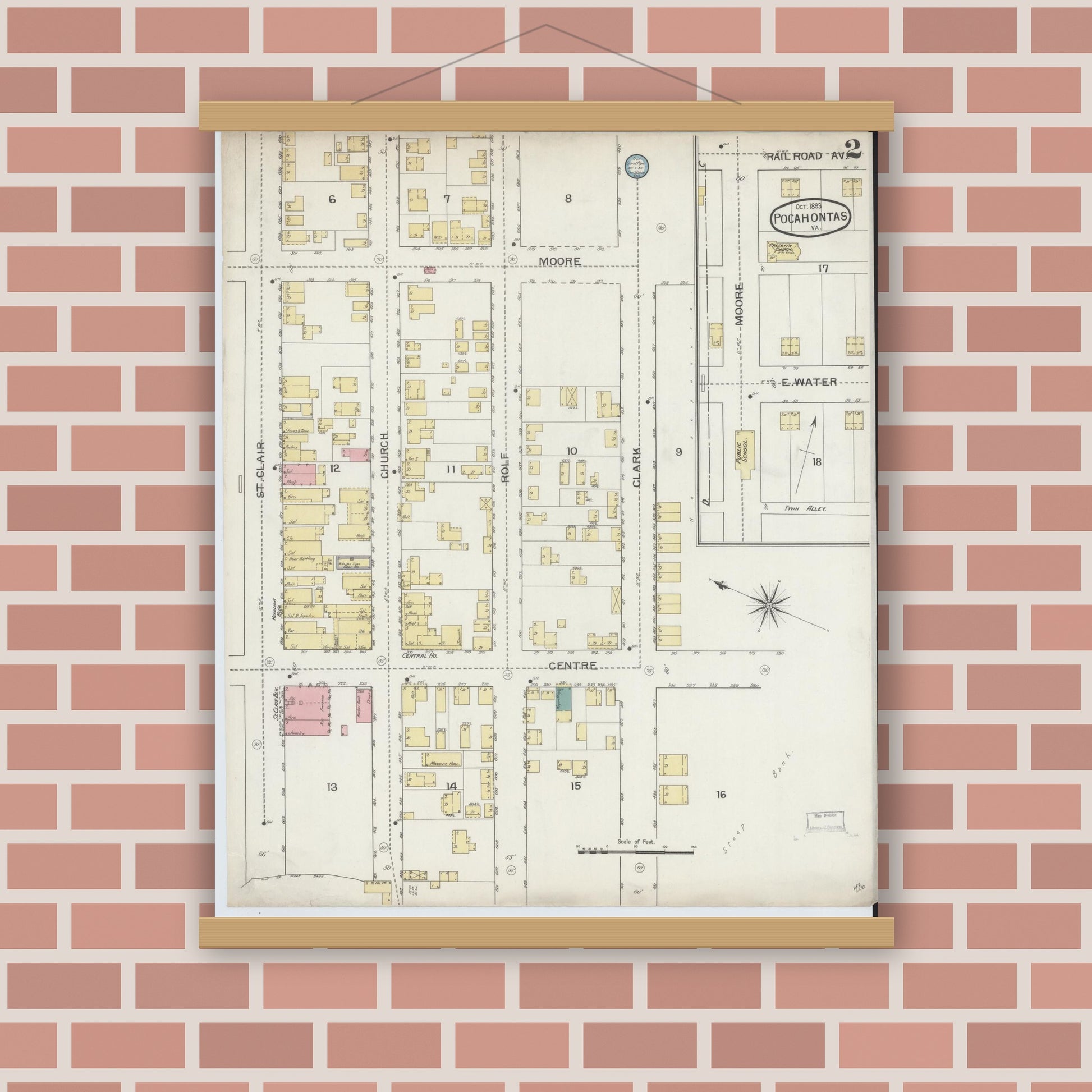 Old map wall art mockup — magnetic wood frame on brick wall — Sanborn Fire Insurance Map from Pocahontas, Tazewell County, Virginia (1893), Sheet #0002