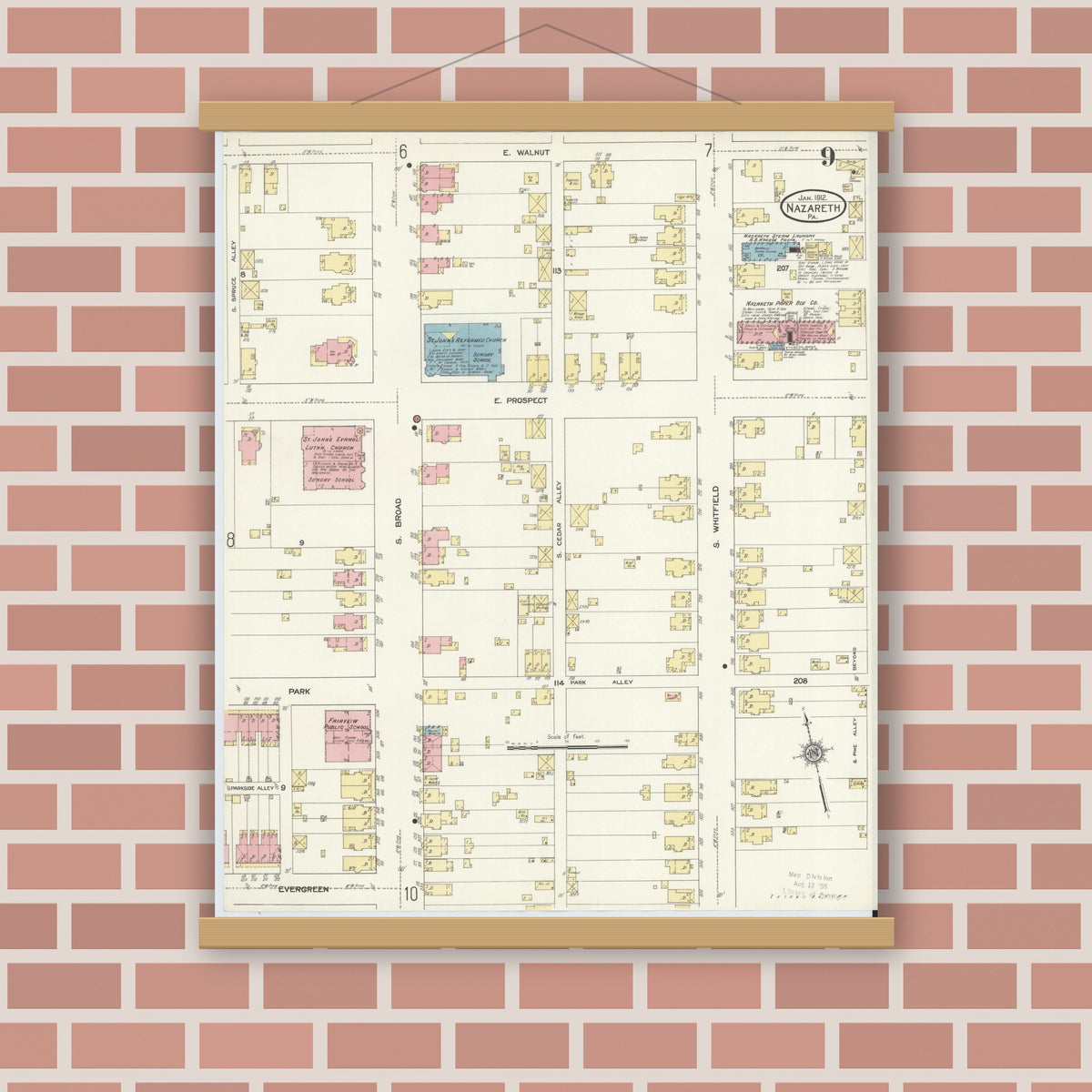 Old map wall art mockup — magnetic wood frame on brick wall — Sanborn Fire Insurance Map from Nazareth, Northampton County, Pennsylvania (1912), Sheet #0009