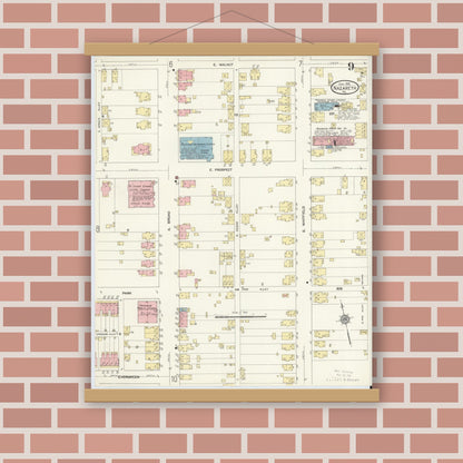 Old map wall art mockup — magnetic wood frame on brick wall — Sanborn Fire Insurance Map from Nazareth, Northampton County, Pennsylvania (1912), Sheet #0009