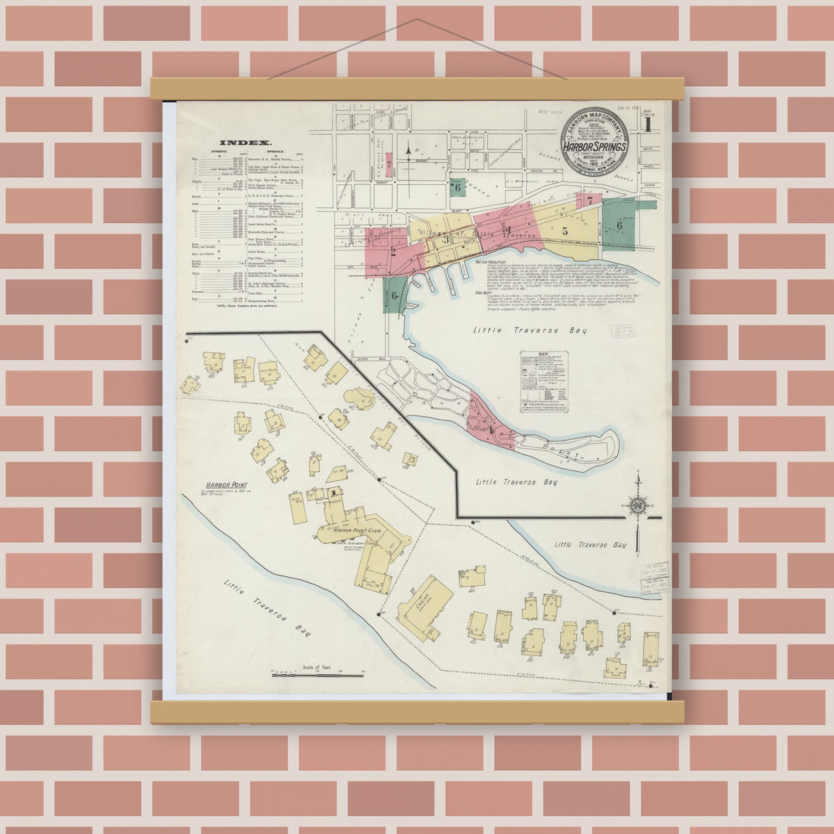 Old map wall art mockup — magnetic wood frame on brick wall — Sanborn Fire Insurance Map from Harbor Springs, Emmet County, Michigan (1912), Sheet #0001