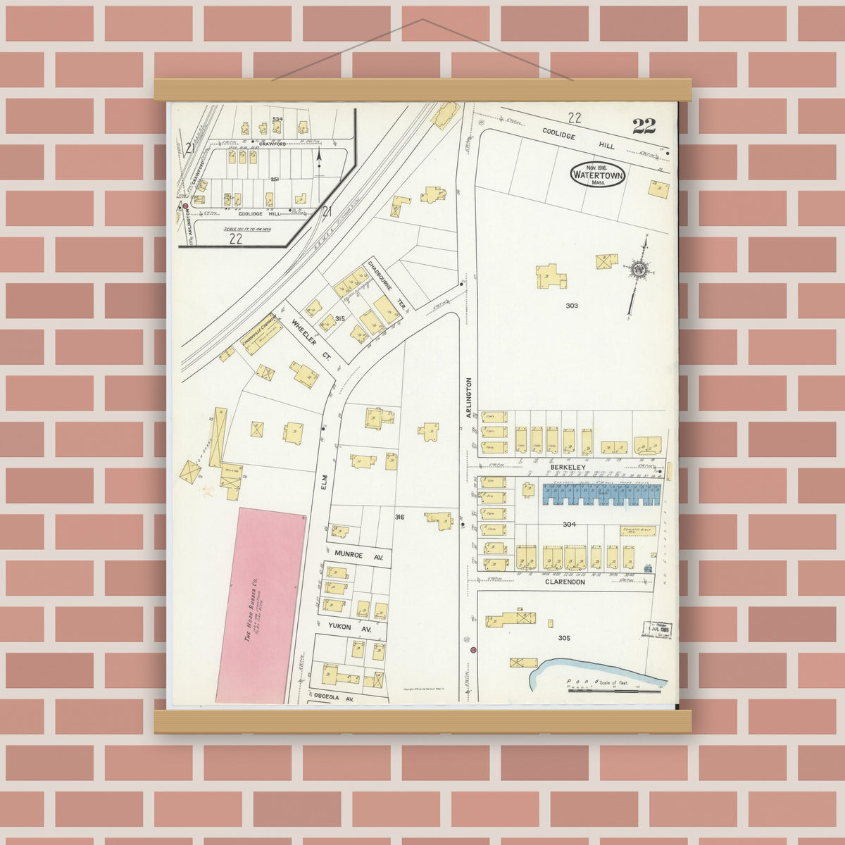 Old map wall art mockup — magnetic wood frame on brick wall — Sanborn Fire Insurance Map from Watertown, Middlesex County, Massachusetts (1916), Sheet #0022