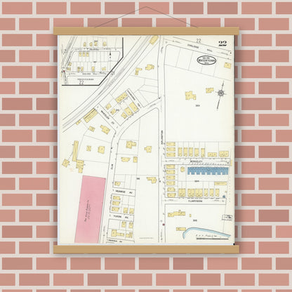 Old map wall art mockup — magnetic wood frame on brick wall — Sanborn Fire Insurance Map from Watertown, Middlesex County, Massachusetts (1916), Sheet #0022