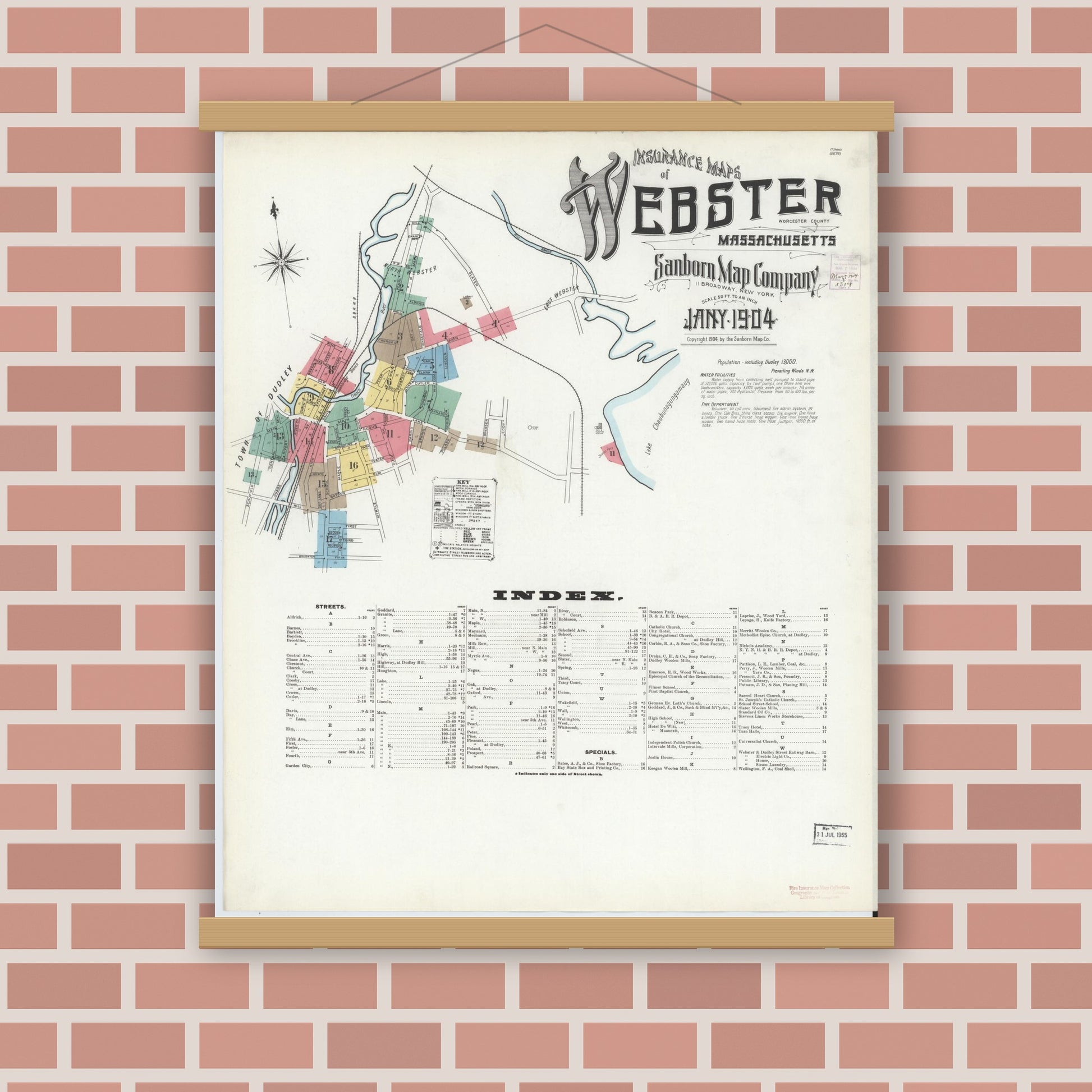 Old map wall art mockup — magnetic wood frame on brick wall — Sanborn Fire Insurance Map from Webster, Worcester County, Massachusetts (1904), Sheet #0001