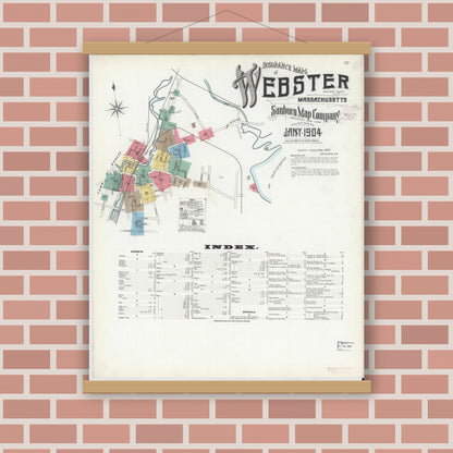 Old map wall art mockup — magnetic wood frame on brick wall — Sanborn Fire Insurance Map from Webster, Worcester County, Massachusetts (1904), Sheet #0001
