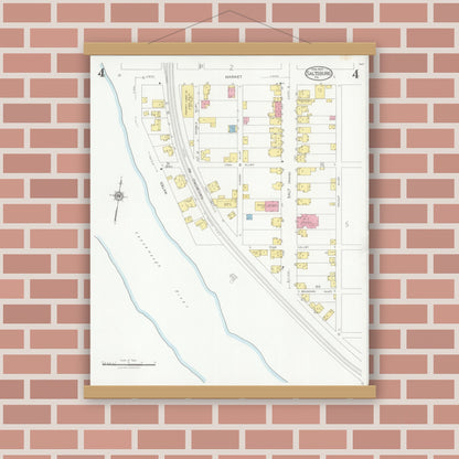 Old map wall art mockup — magnetic wood frame on brick wall — Sanborn Fire Insurance Map from Saltsburg, Indiana County, Pennsylvania (1927), Sheet #0004