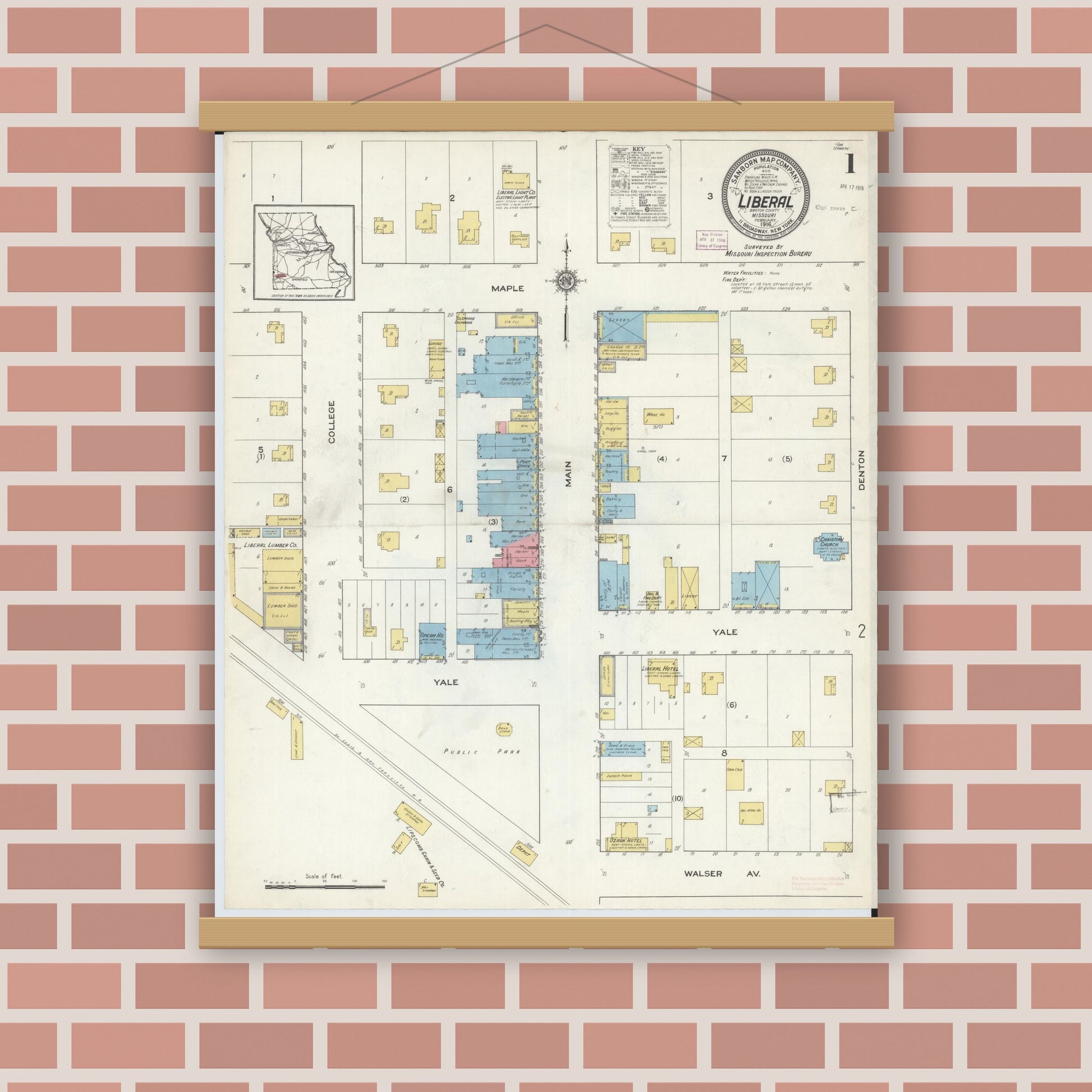 Old map wall art mockup — magnetic wood frame on brick wall — Sanborn Fire Insurance Map from Liberal, Barton County, Missouri (1916), Sheet #0001