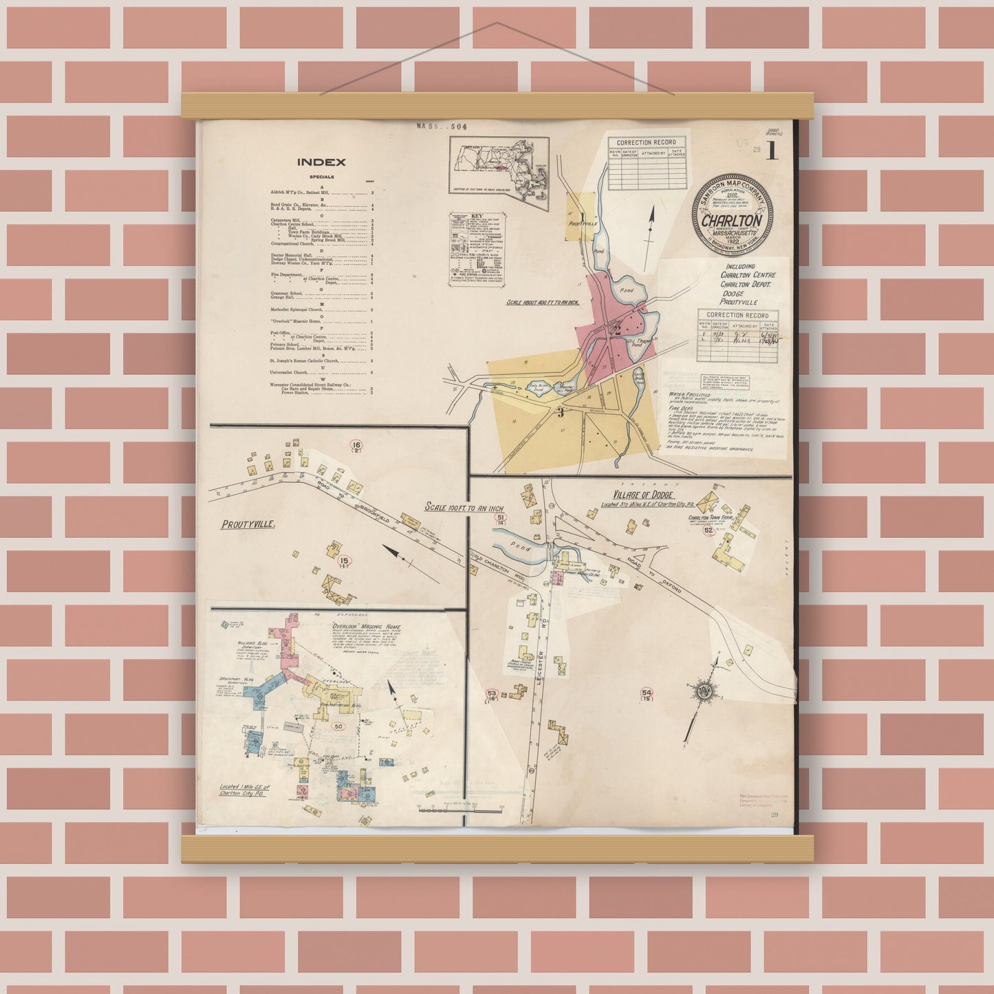 Old map wall art mockup — magnetic wood frame on brick wall — Sanborn Fire Insurance Map from Charlton, Worcester County, Massachusetts (1945), Sheet #0001