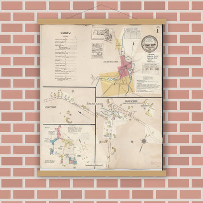 Old map wall art mockup — magnetic wood frame on brick wall — Sanborn Fire Insurance Map from Charlton, Worcester County, Massachusetts (1945), Sheet #0001