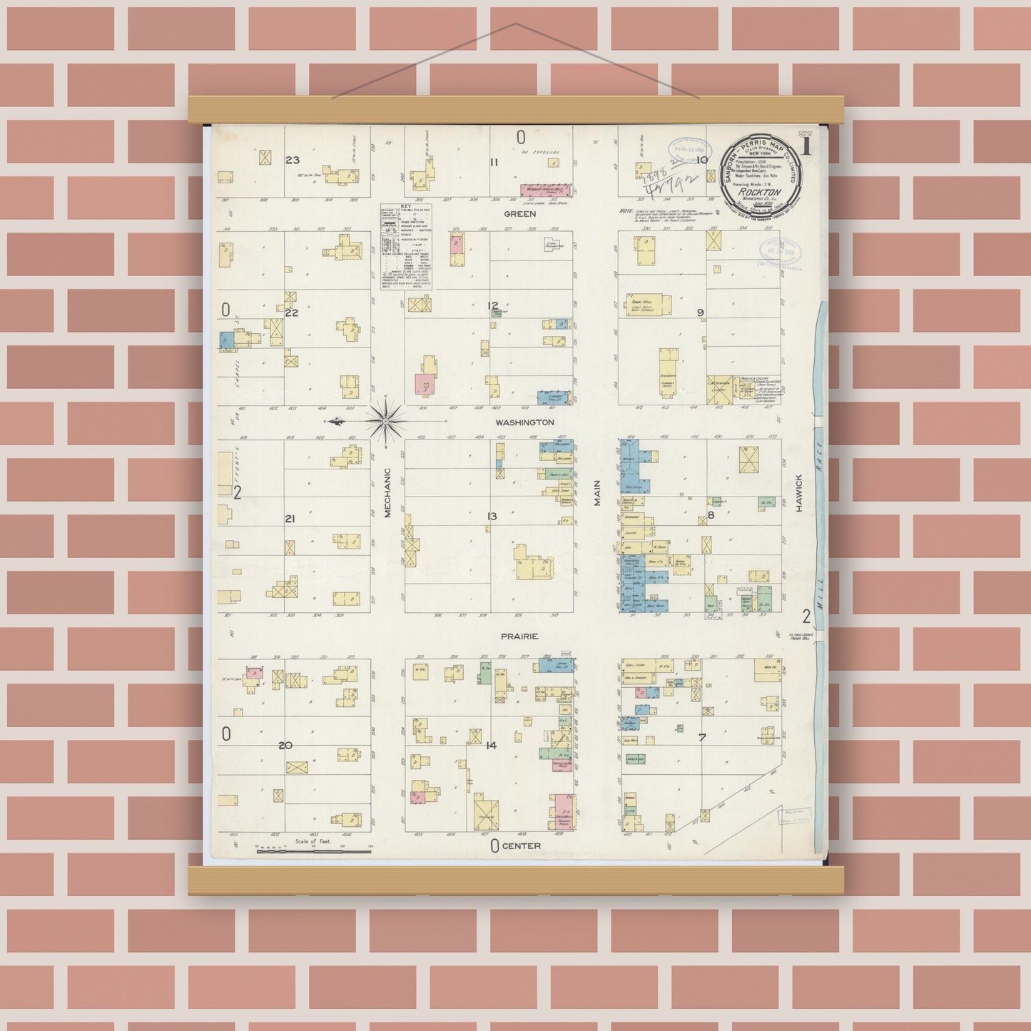 Old map wall art mockup — magnetic wood frame on brick wall — Sanborn Fire Insurance Map from Rockton, Winnebago County, Illinois (1898) - Complete Map Set