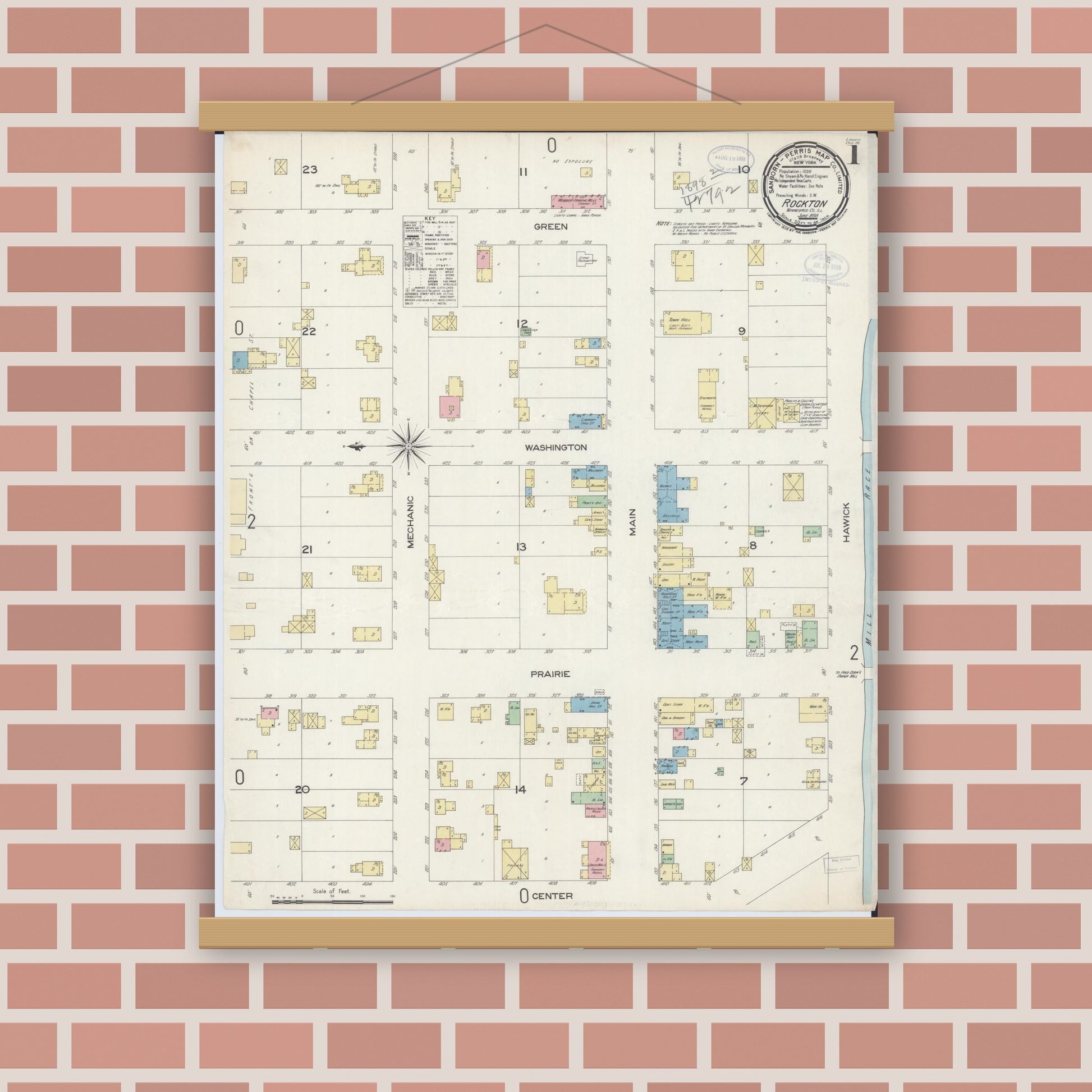 Old map wall art mockup — magnetic wood frame on brick wall — Sanborn Fire Insurance Map from Rockton, Winnebago County, Illinois (1898) - Complete Map Set