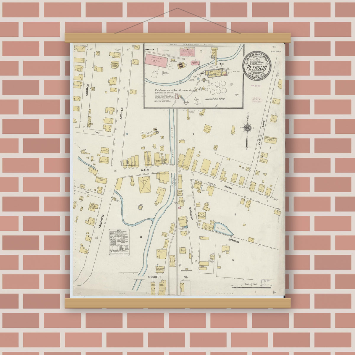 Old map wall art mockup — magnetic wood frame on brick wall — Sanborn Fire Insurance Map from Petrola, Butler County, Pennsylvania (1910), Sheet #0001