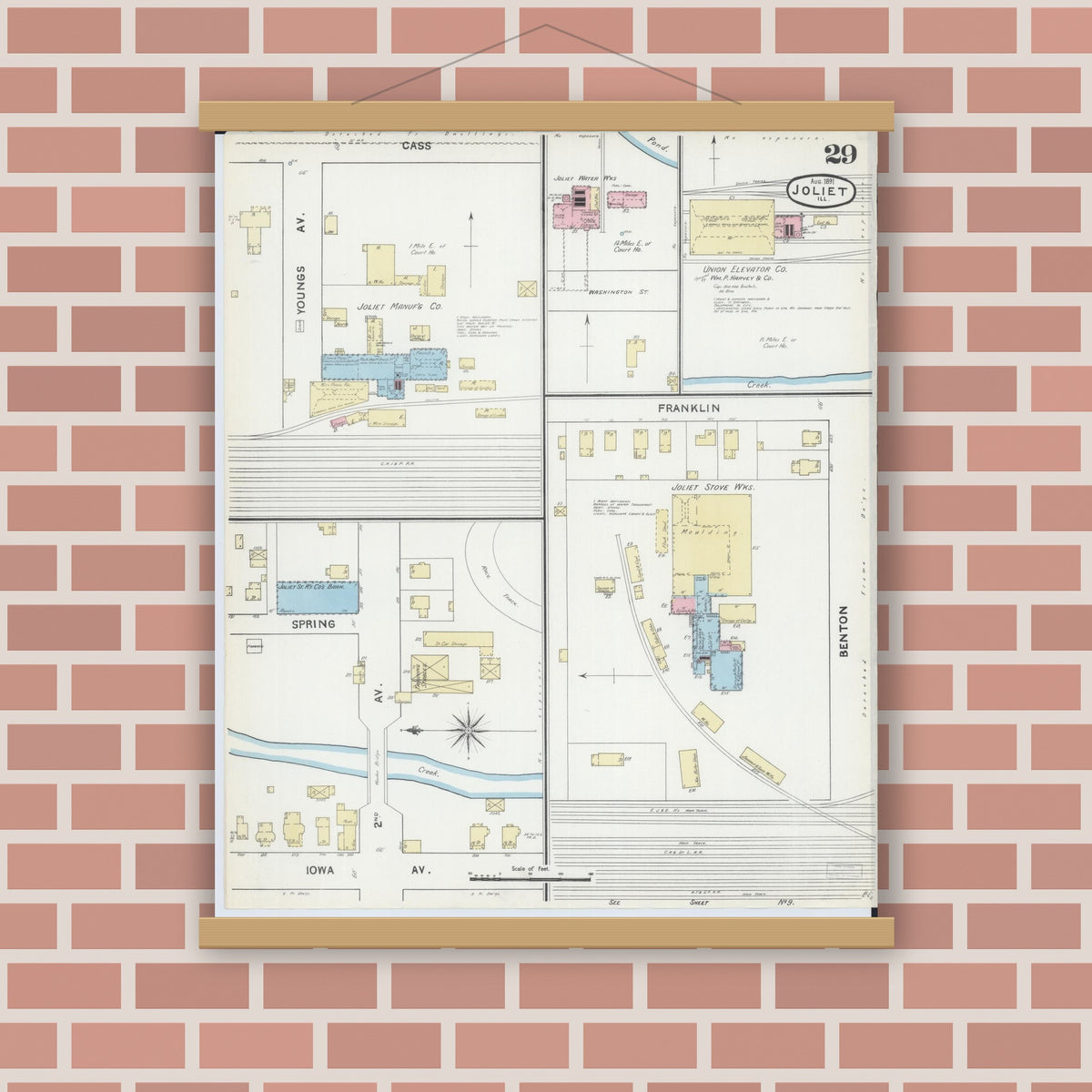 Old map wall art mockup — magnetic wood frame on brick wall — Sanborn Fire Insurance Map from Joliet, Will County, Illinois (1891), Sheet #0029